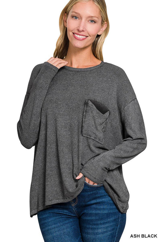 Zenana Washed Dolman Long Sleeve Round Neck Top