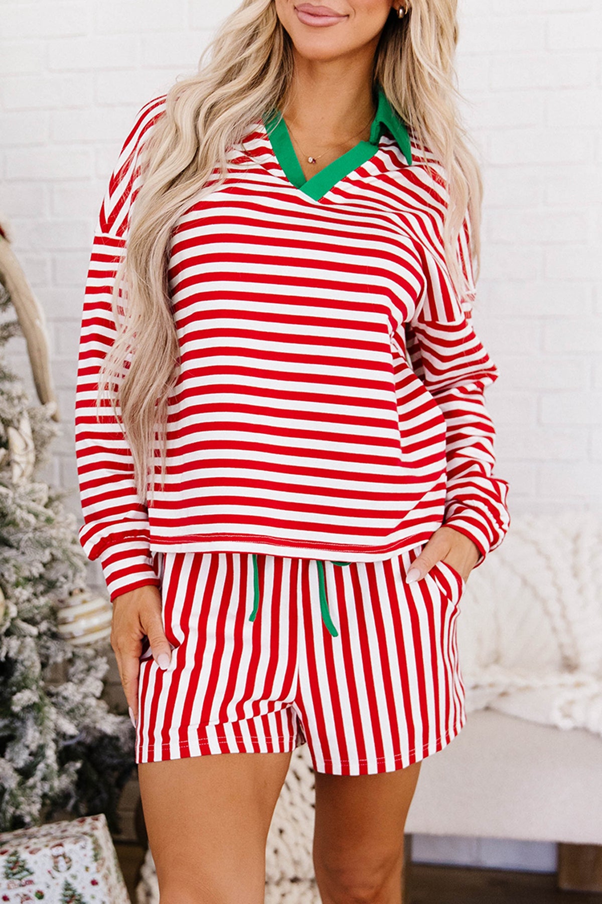 Red Stripe Colorblock Trim Polo Collar Drawstring Elastic Waist Band Set