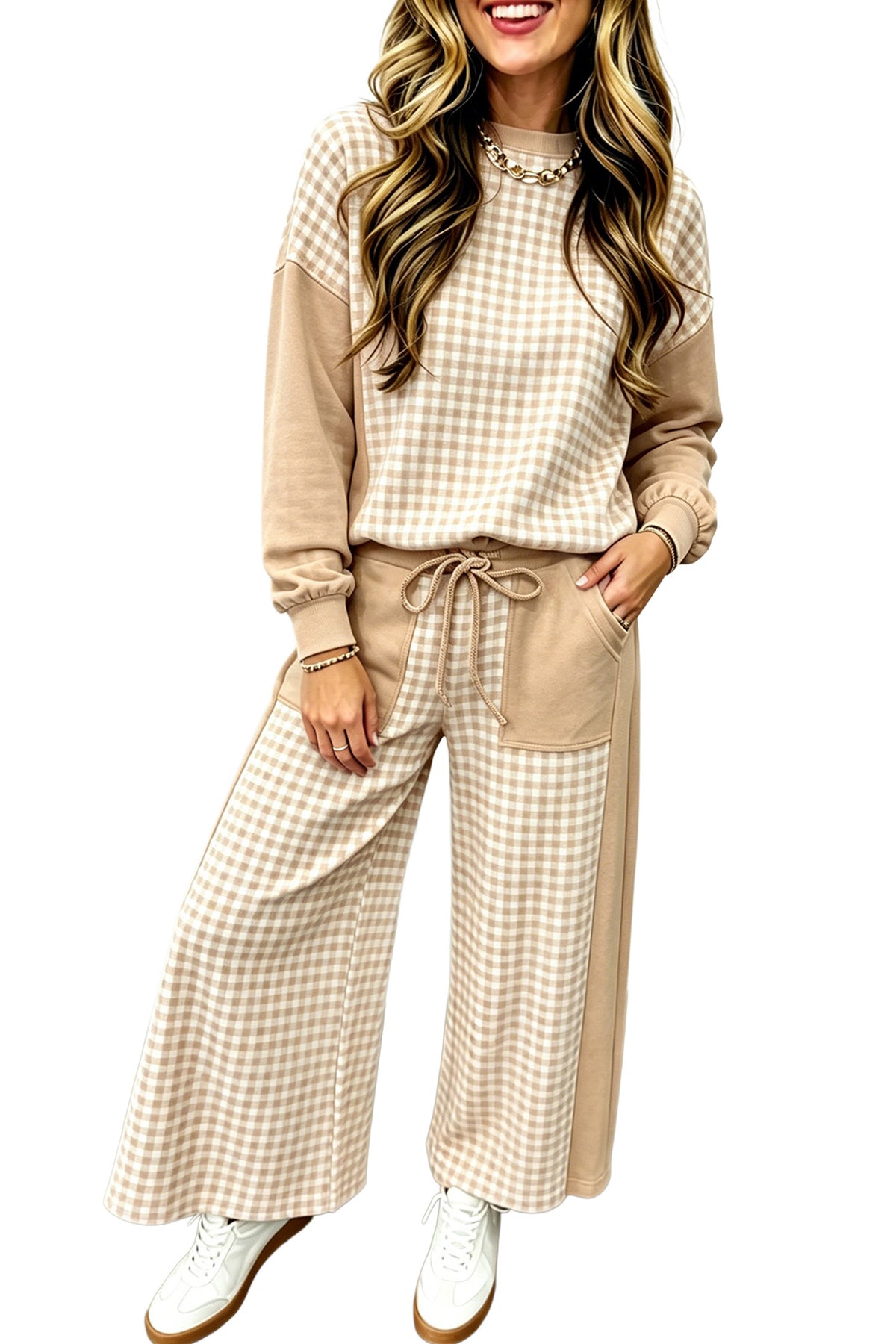Color Block Plaid Patchwork Long Sleeve Pullover Wide Leg Pant Set