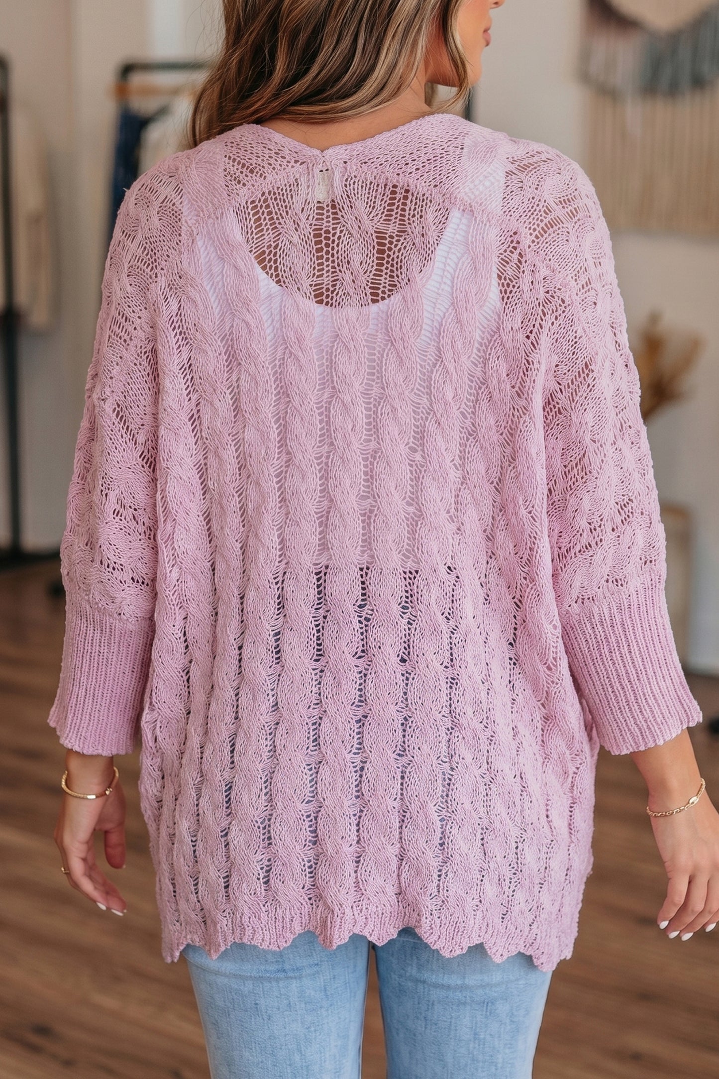 Drop Shoulder Crochet Knit Open Front Cardigan