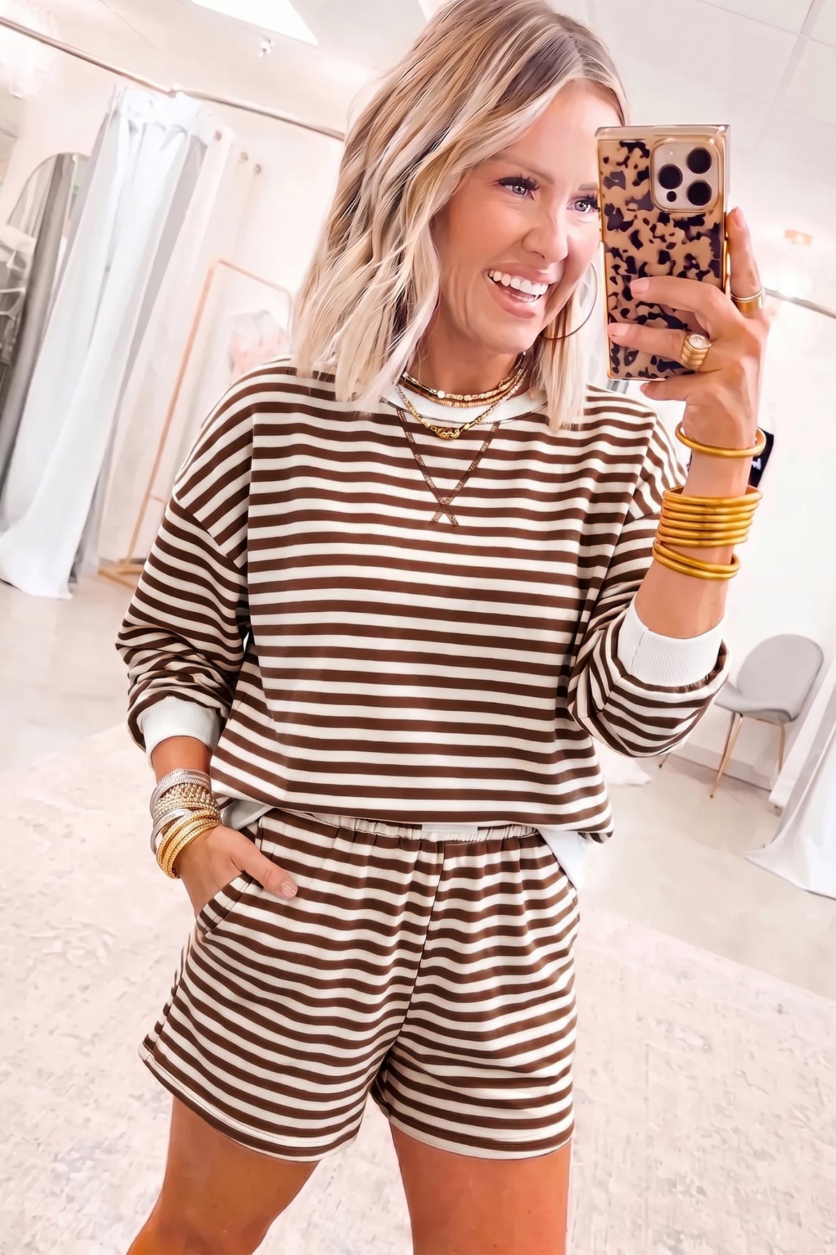 Stripe Drop Shoulder Long Sleeve Pullover Elastic Waist Casual Short Set