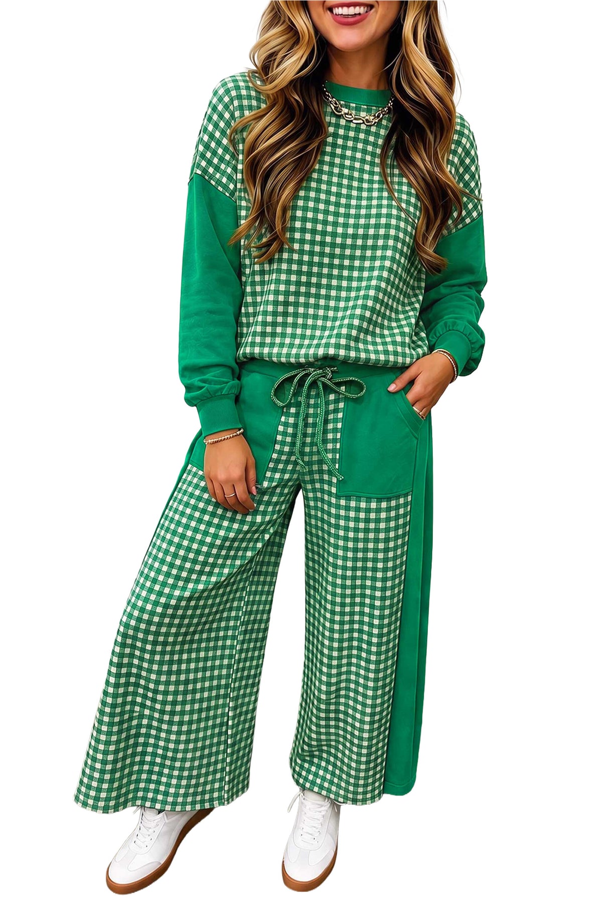 Color Block Plaid Patchwork Long Sleeve Pullover Wide Leg Pant Set