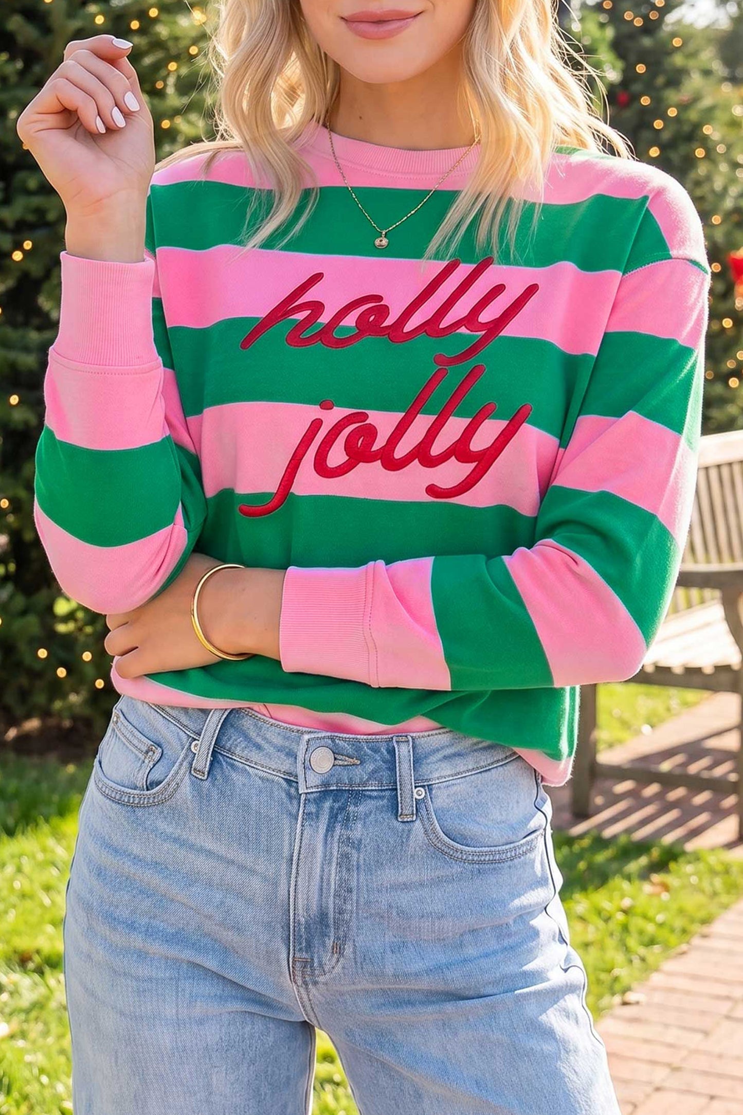 Striped Holly Jolly Embroidered Pullover Sweatshirt