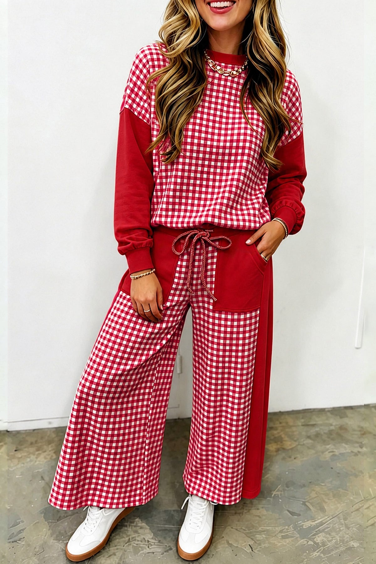 Color Block Plaid Patchwork Long Sleeve Pullover Wide Leg Pant Set
