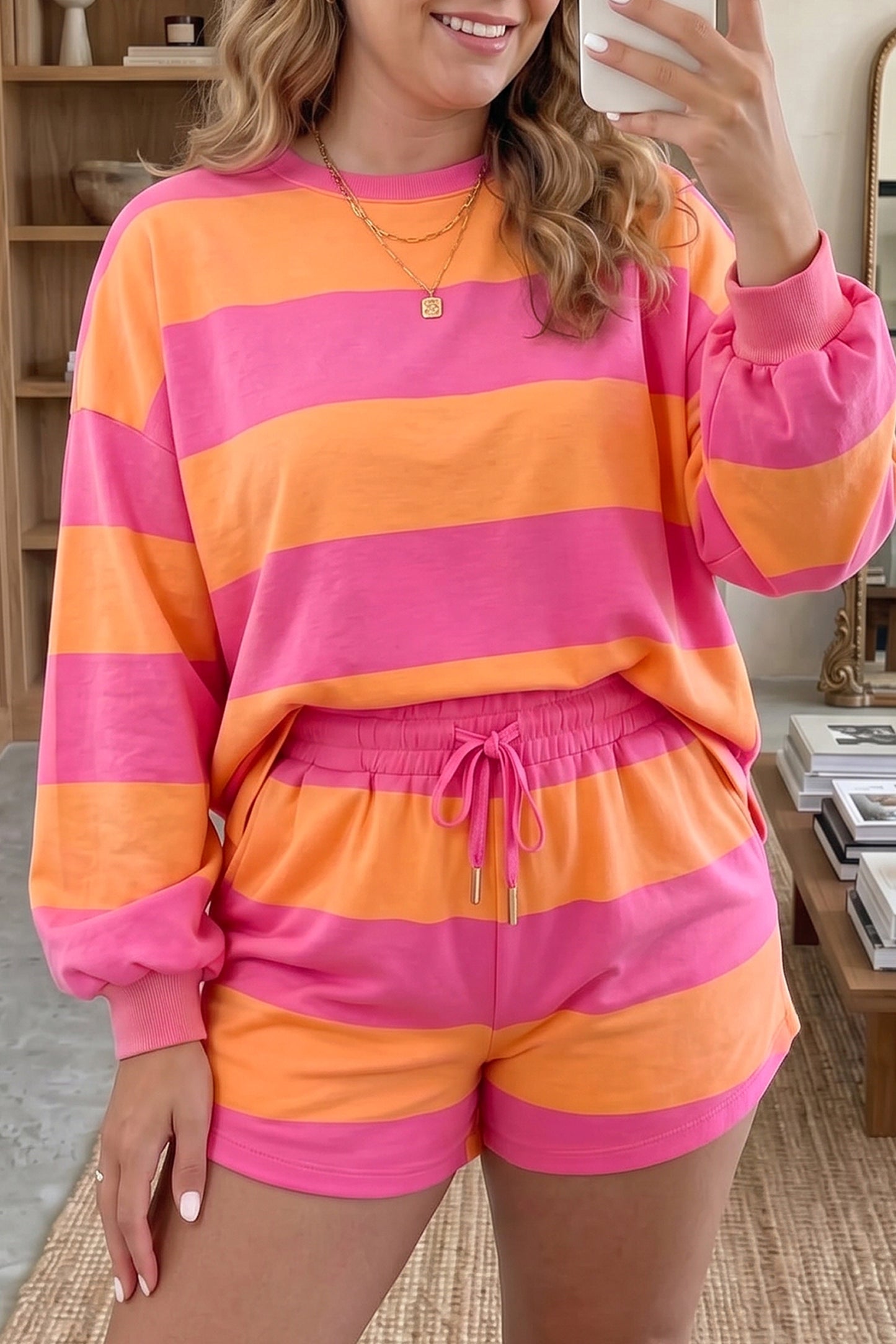 Pink + Orange Stripe Plus Size Long Sleeve Top Drawstring Short Set