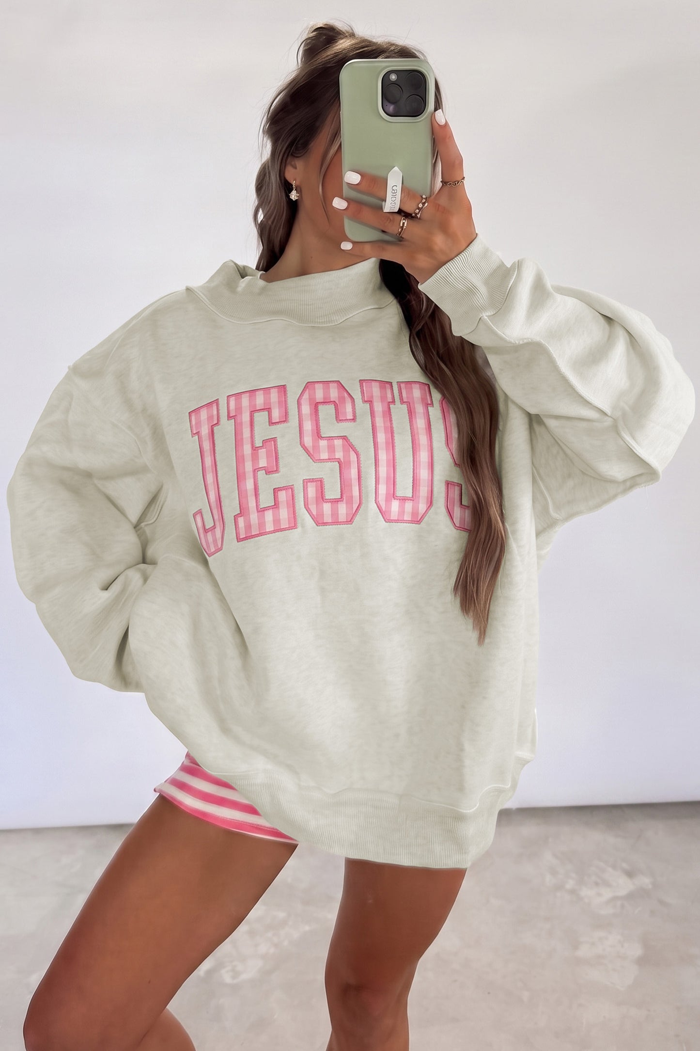 Gray High Neck Polka Dot Baggy Sweatshirt