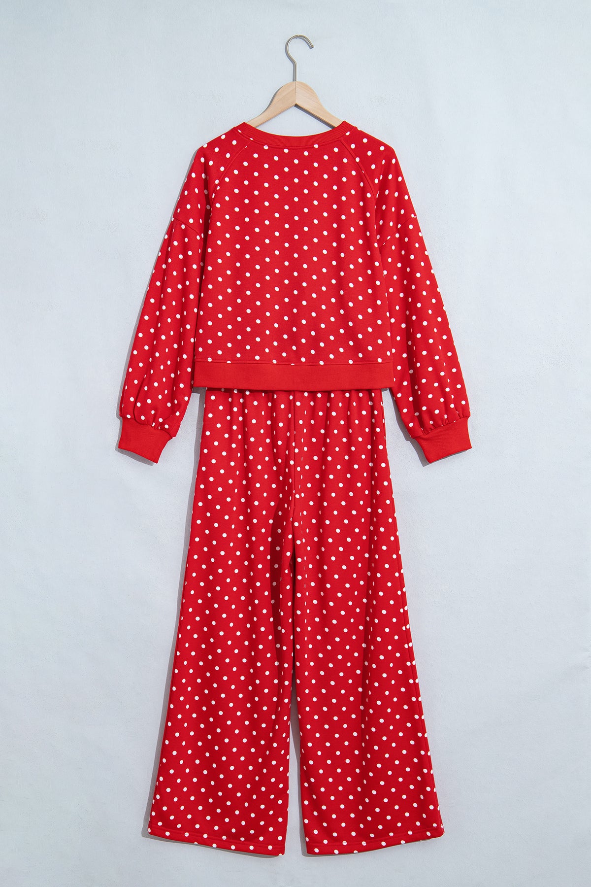 Polka Dot Drawstring Wide Leg Long Sleeve Top Pant Set