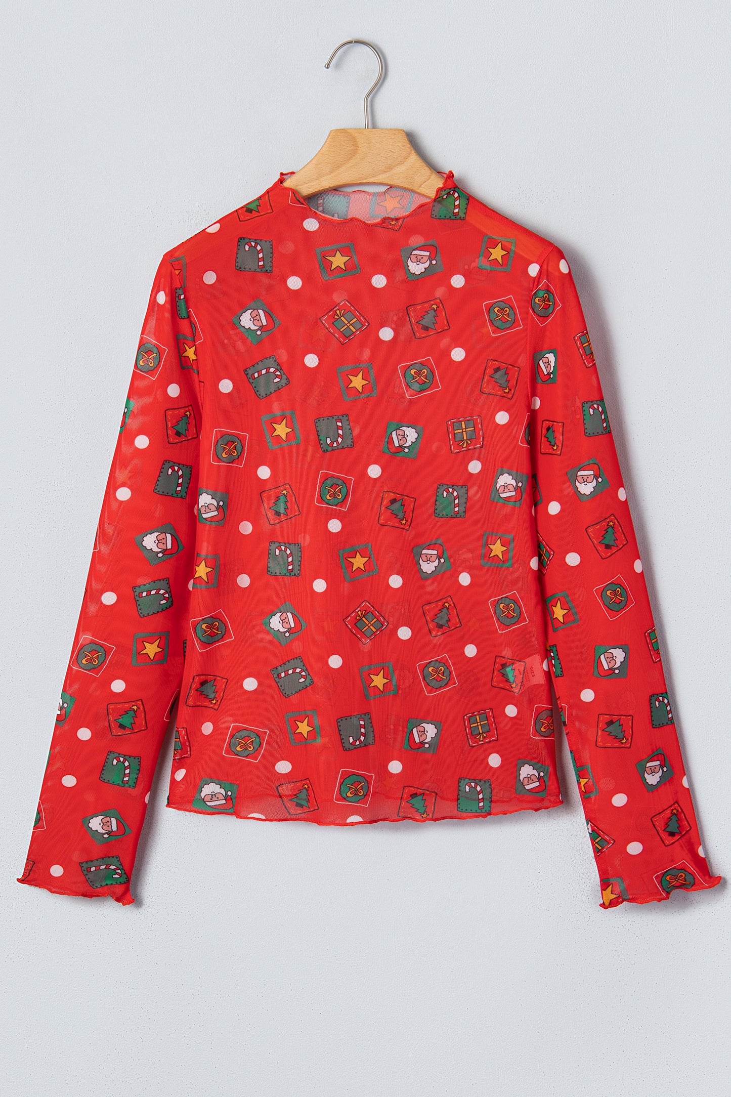 Fiery Red Christmas Elements Printed Long Sleeve Mesh Top