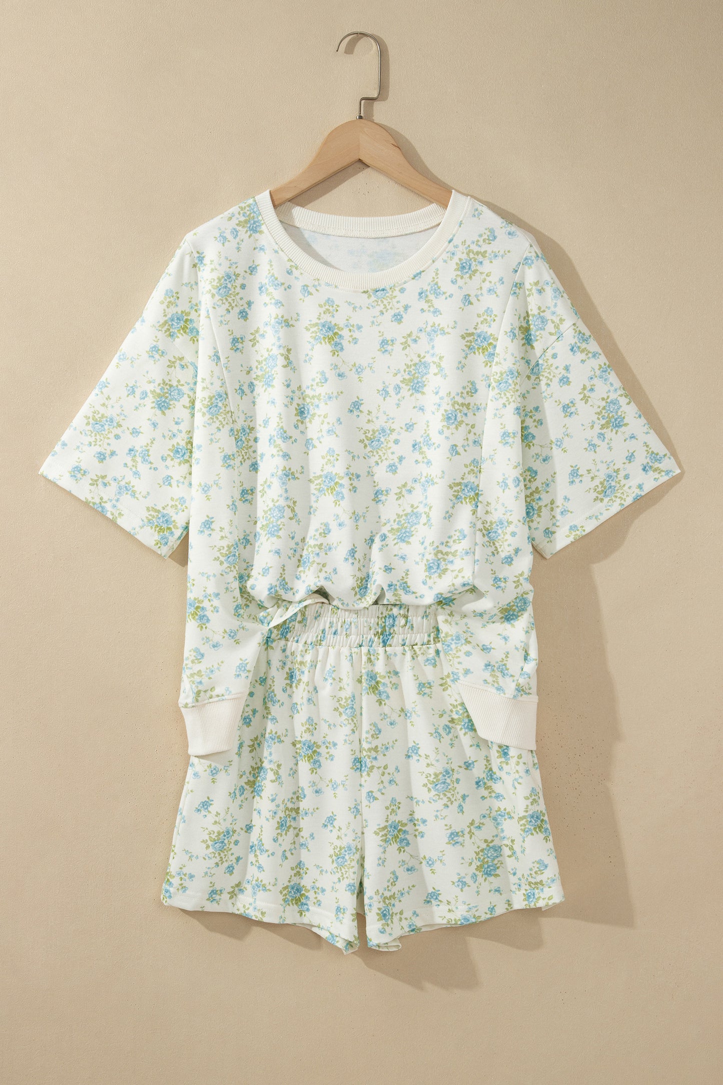Pink Floral Print Short Sleeve Elastic Waist Pocket Two Piece Set