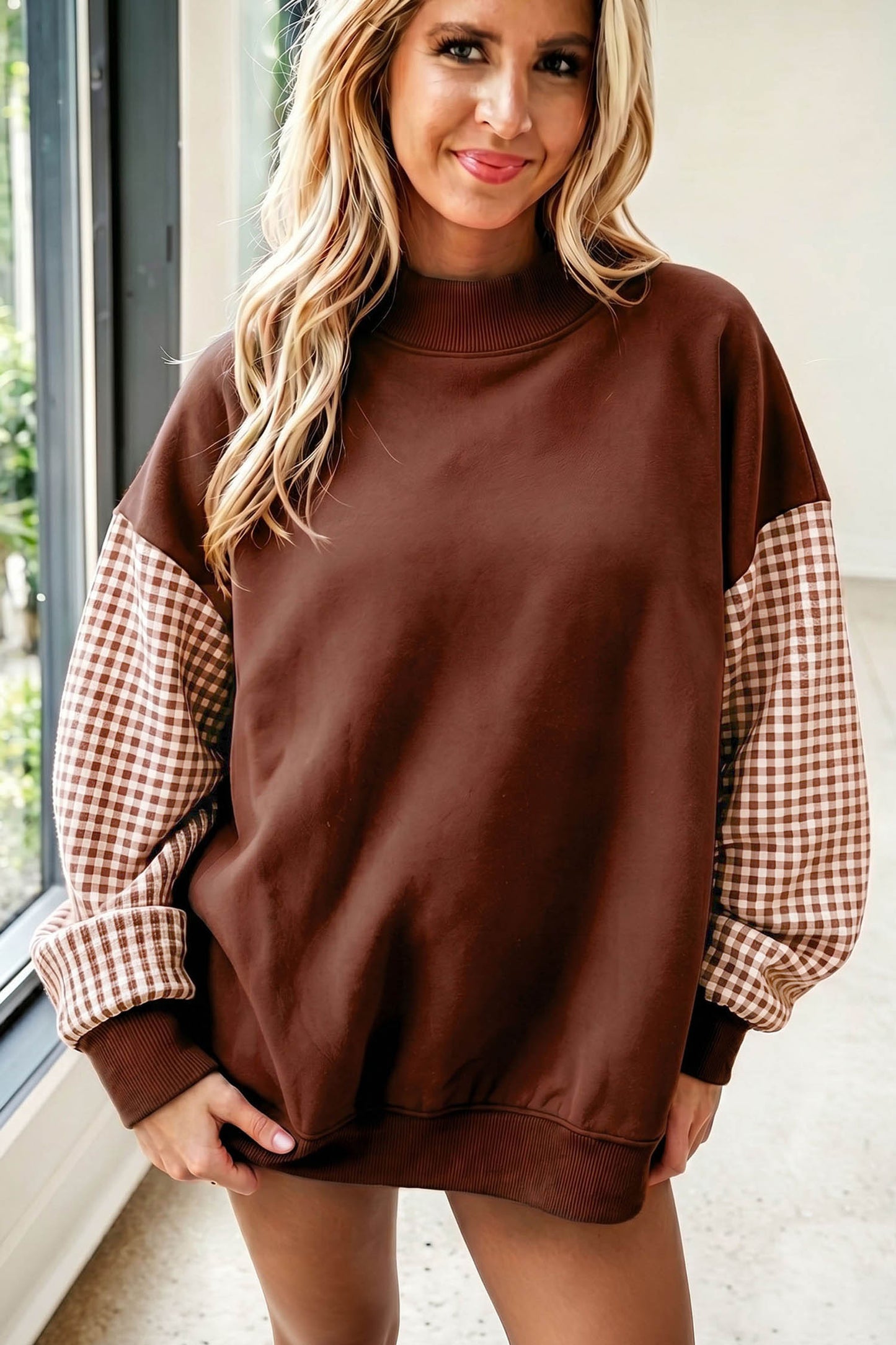 Plaid Sleeve Colorblock Loose Sweatshirt