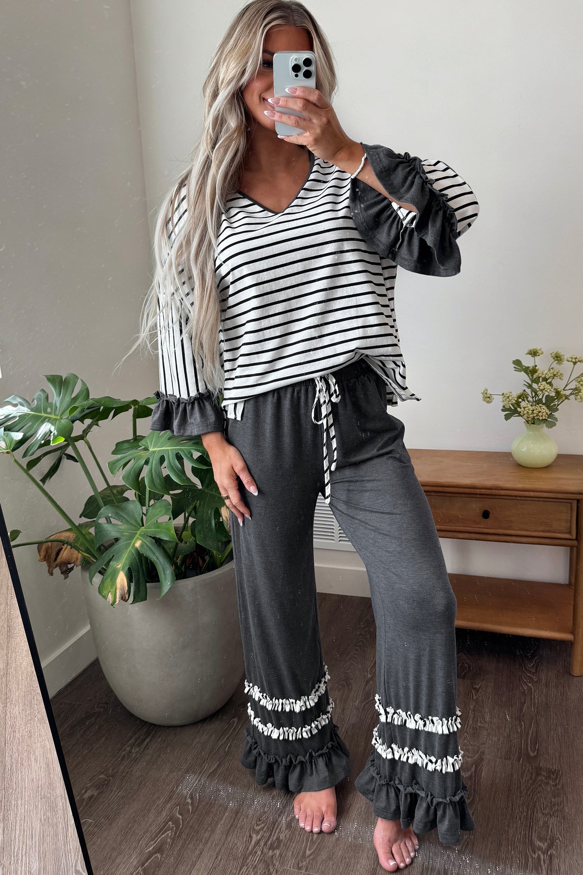 Striped V Neck Ruffle Contrast Sleeve Top Drawstring Pants Set