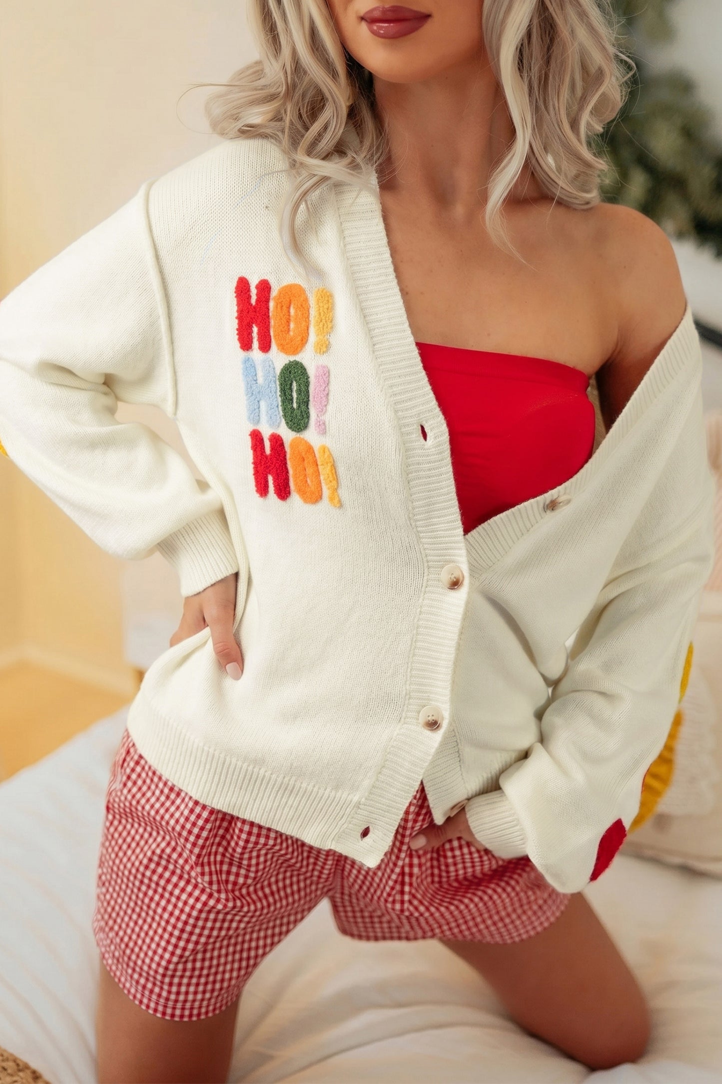 White Ho Ho Ho Button Front Embroidered Knit Cardigan