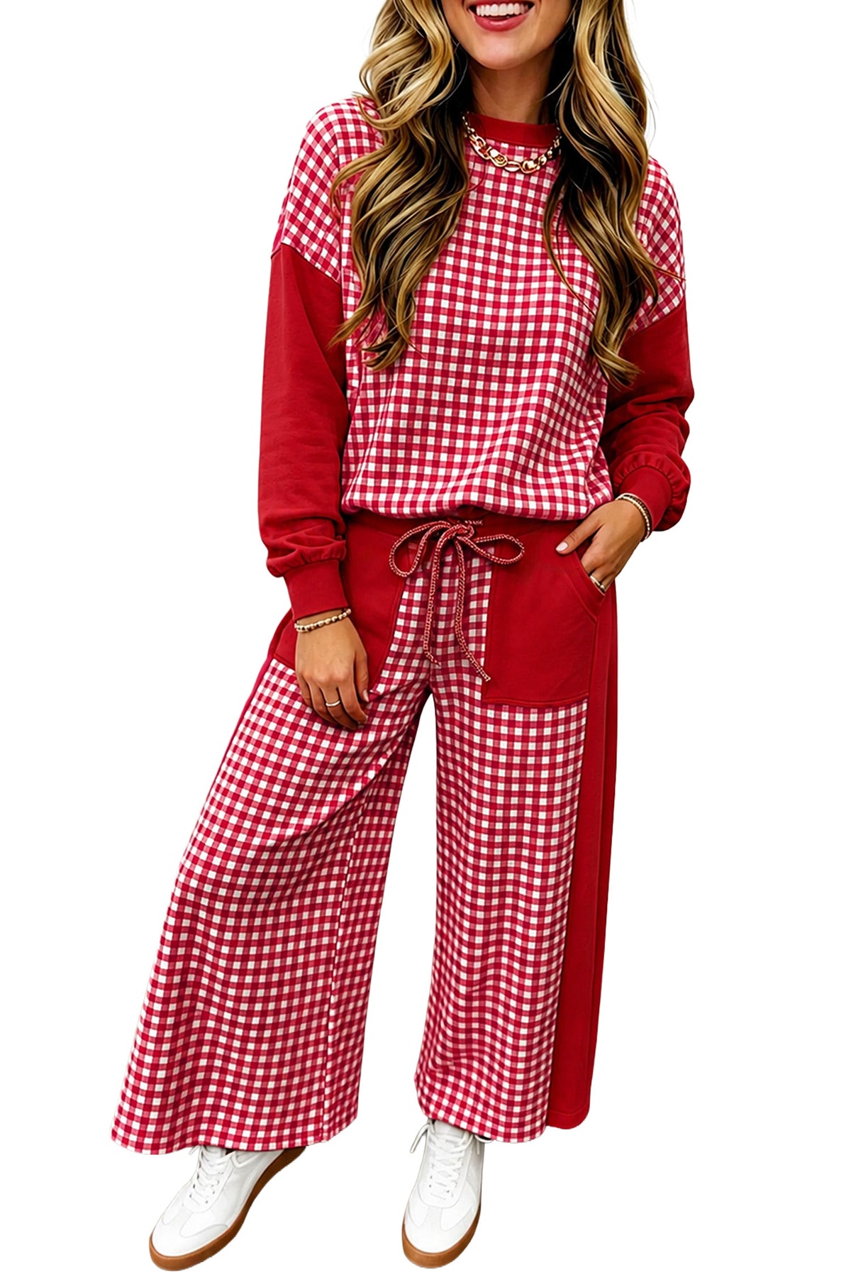 Color Block Plaid Patchwork Long Sleeve Pullover Wide Leg Pant Set