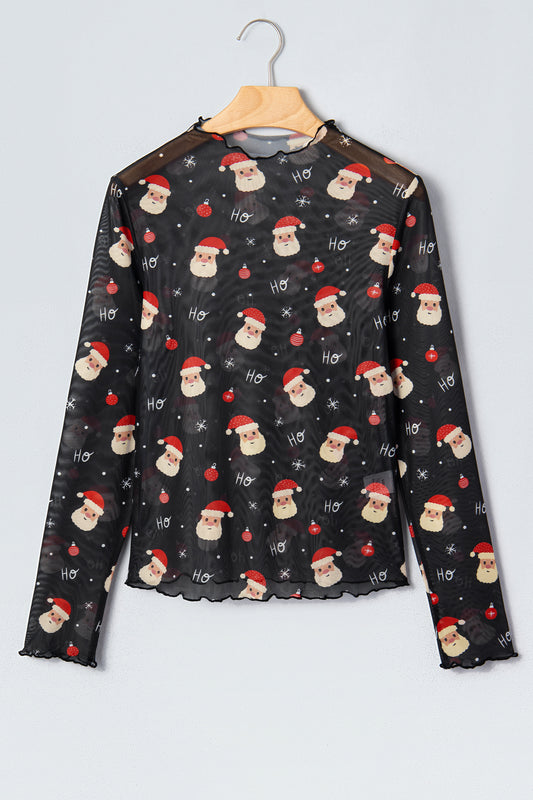 Santa Print Black Long Sleeve Mesh Top