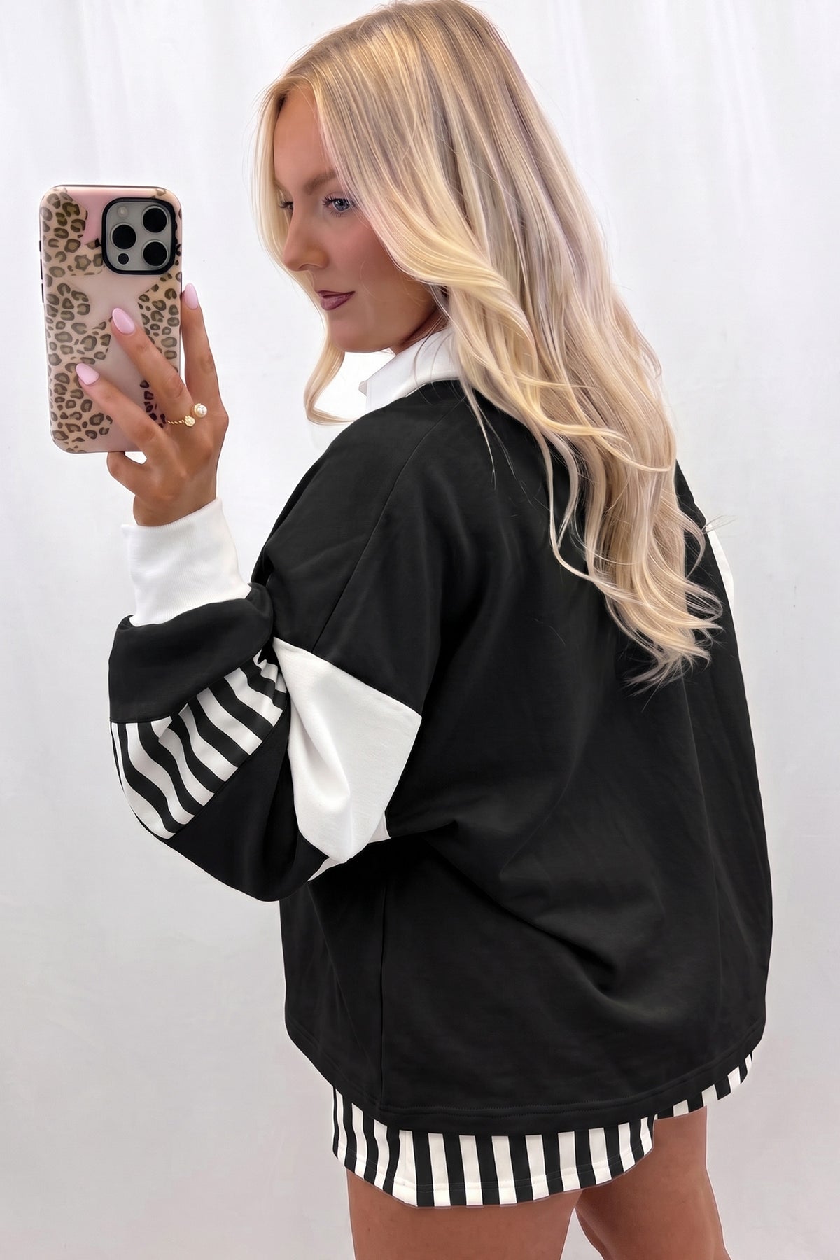 Striped Color Block Pullover Top Drawstring Shorts Set