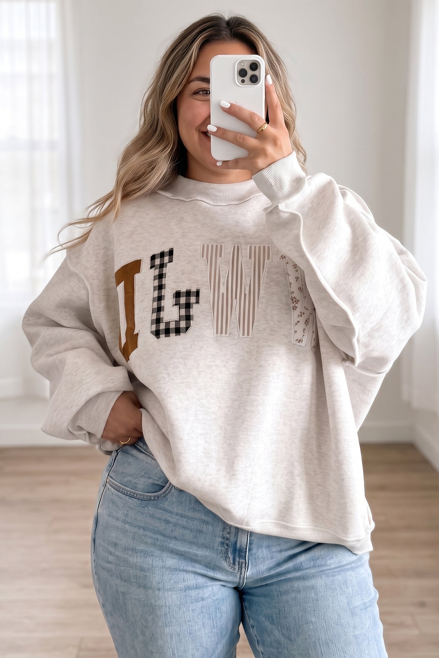WWJD Mix Pattern Letter Graphic Exposed Seam Loose Plus Size Sweatshirt