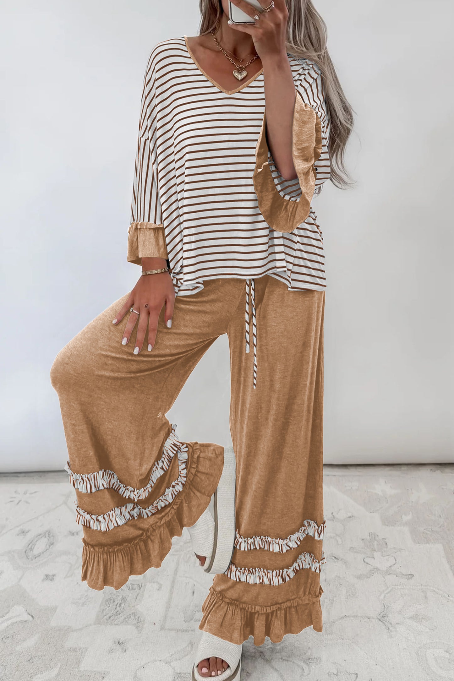 Striped V Neck Ruffle Contrast Sleeve Top Drawstring Pants Set