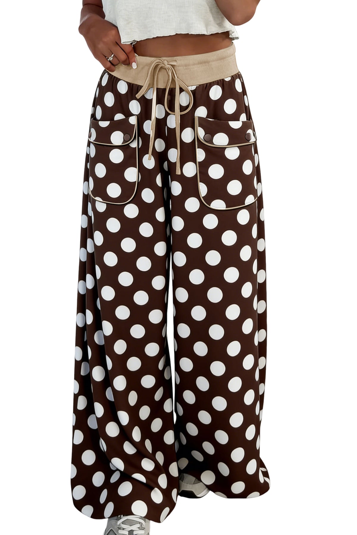 Polka Dot Drawstring Pocket Wide Leg Pants