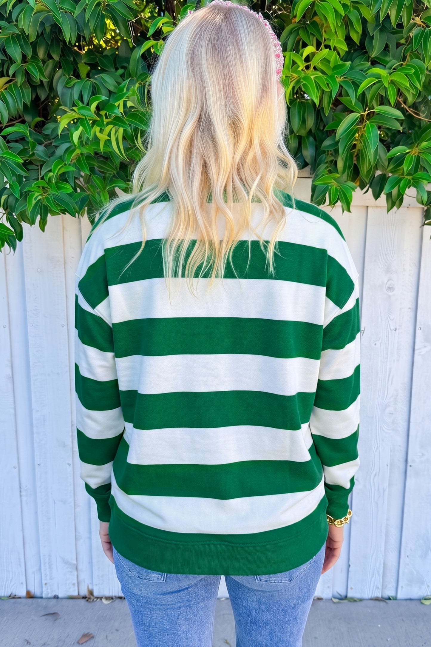 Striped Holly Jolly Embroidered Pullover Sweatshirt