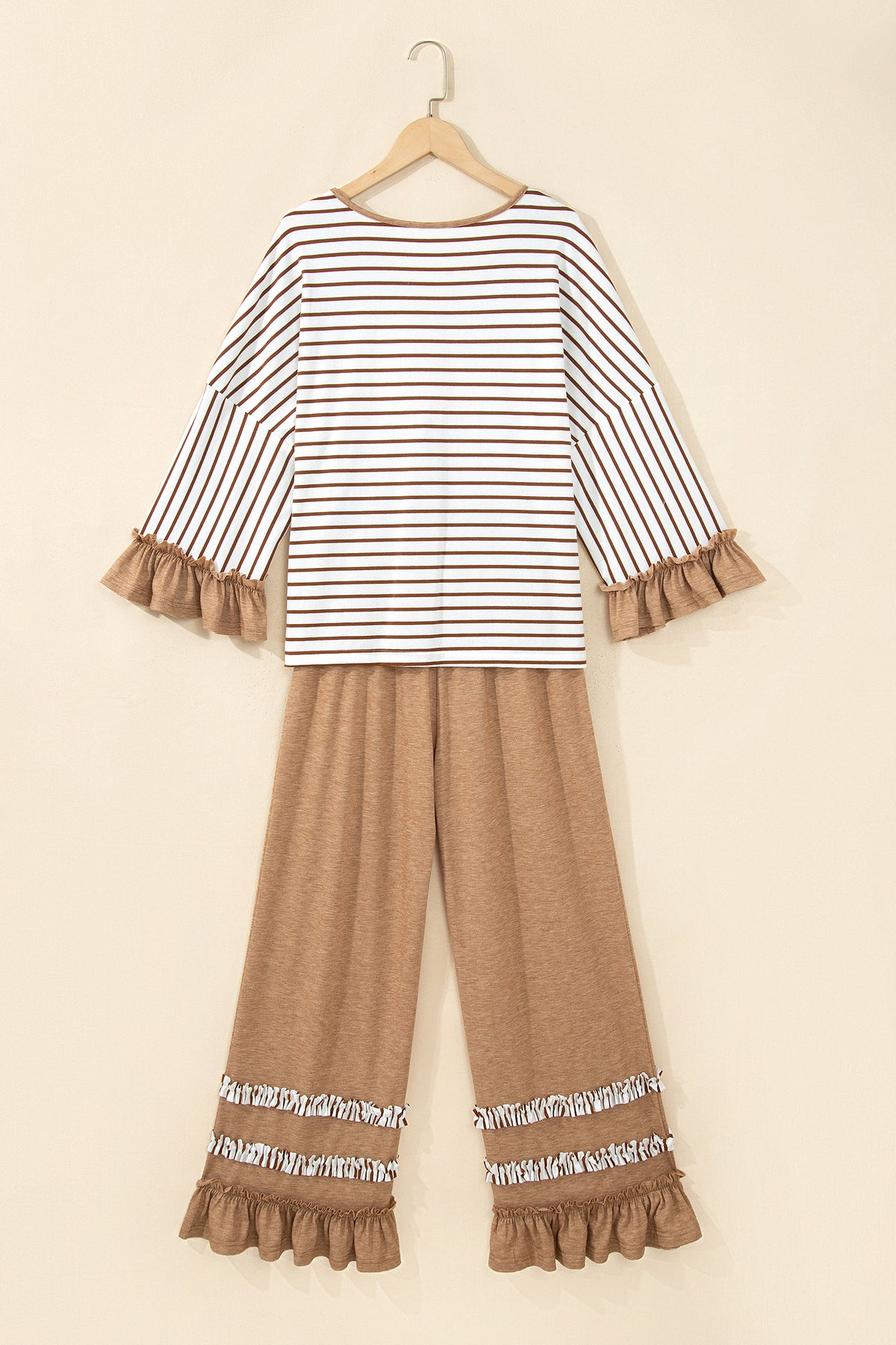 Striped V Neck Ruffle Contrast Sleeve Top Drawstring Pants Set