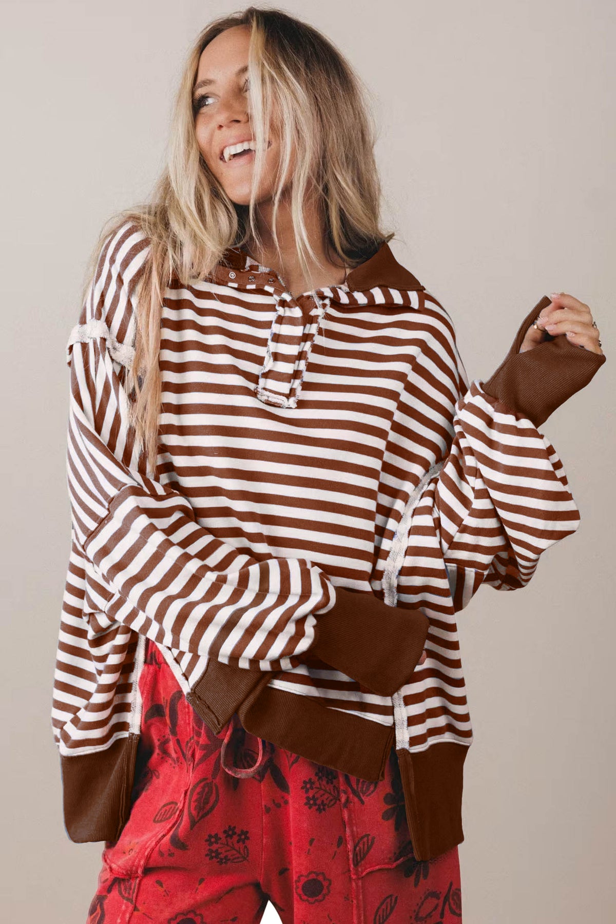 Stripe Color Block Trim Raw Seam Split Hem Loose Pullover Sweatshirt