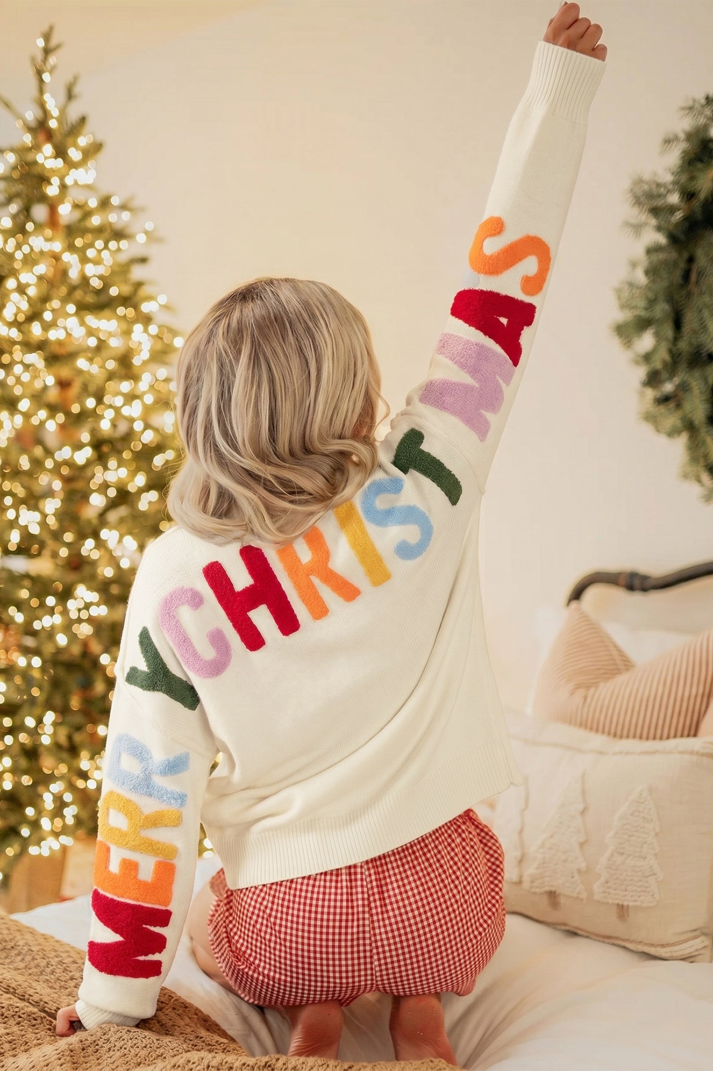 White Ho Ho Ho Button Front Embroidered Knit Cardigan