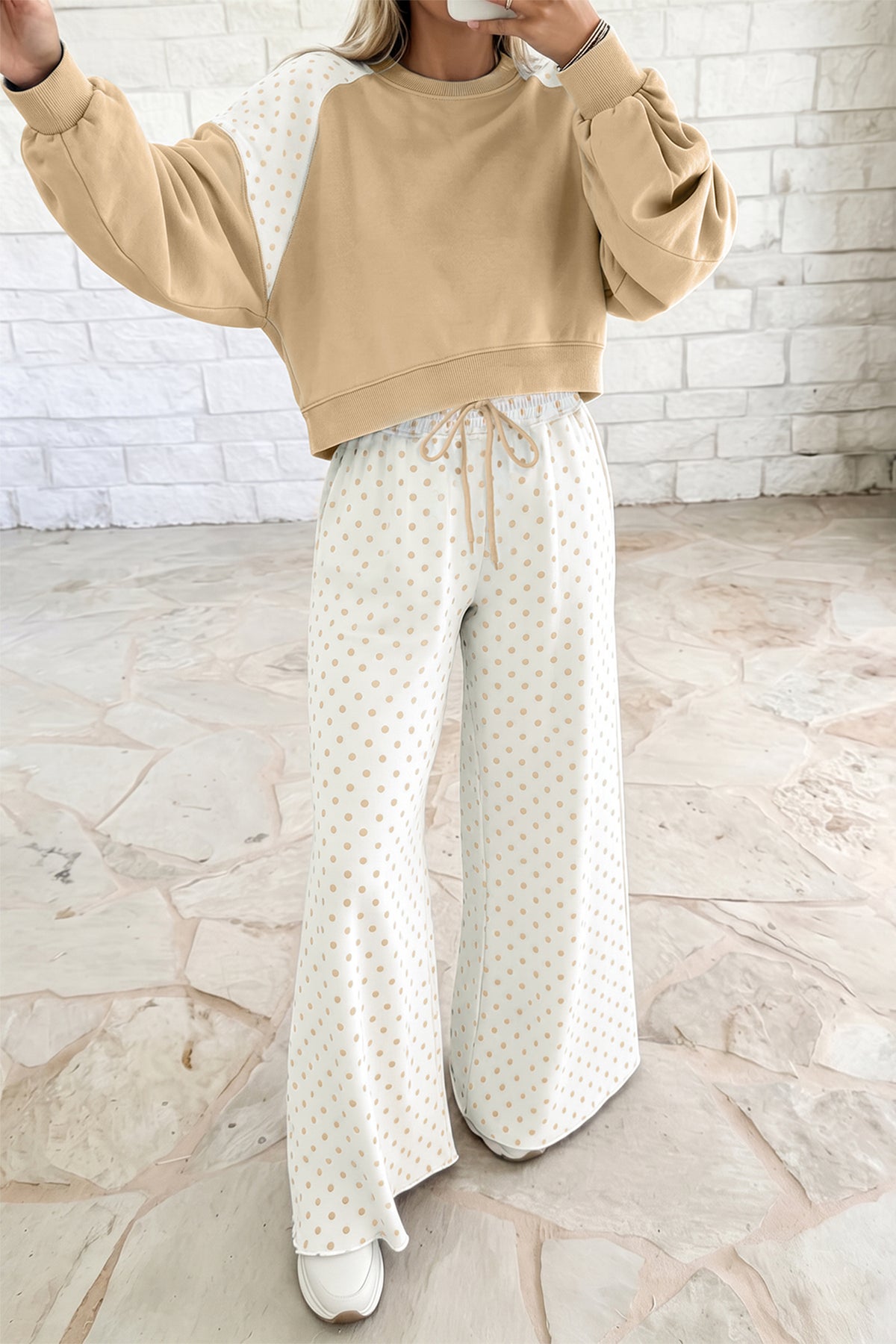 Polka Dot Patchwork Colorblock Long Sleeve Casual Two Piece Pants Set