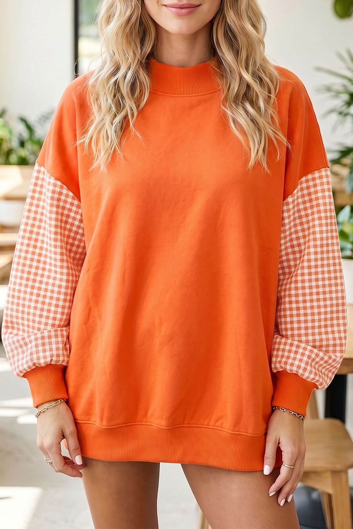 Plaid Sleeve Colorblock Loose Sweatshirt