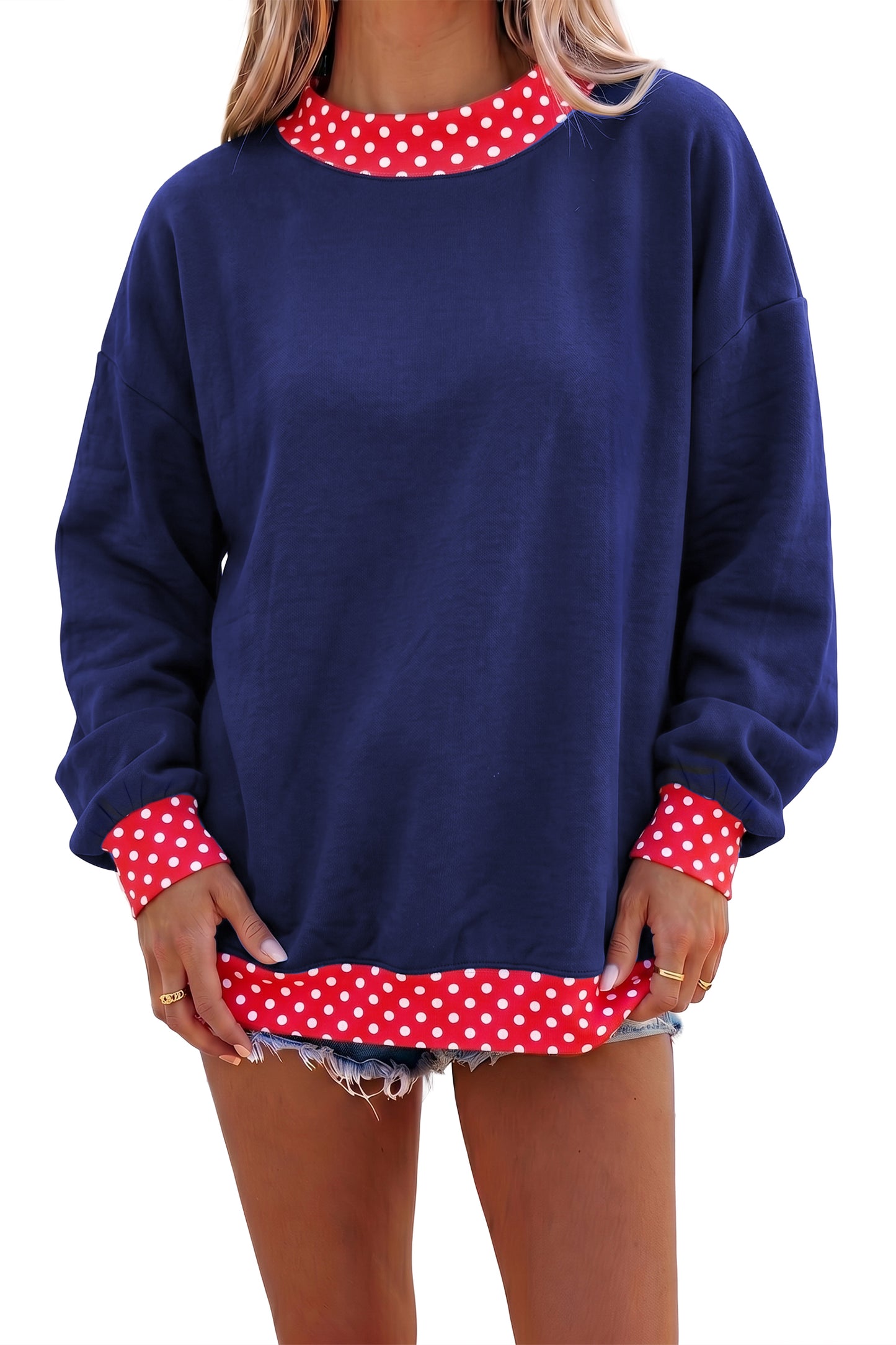 Pink Colorblock Polka Dot Contrast Trim Oversized Sweatshirt