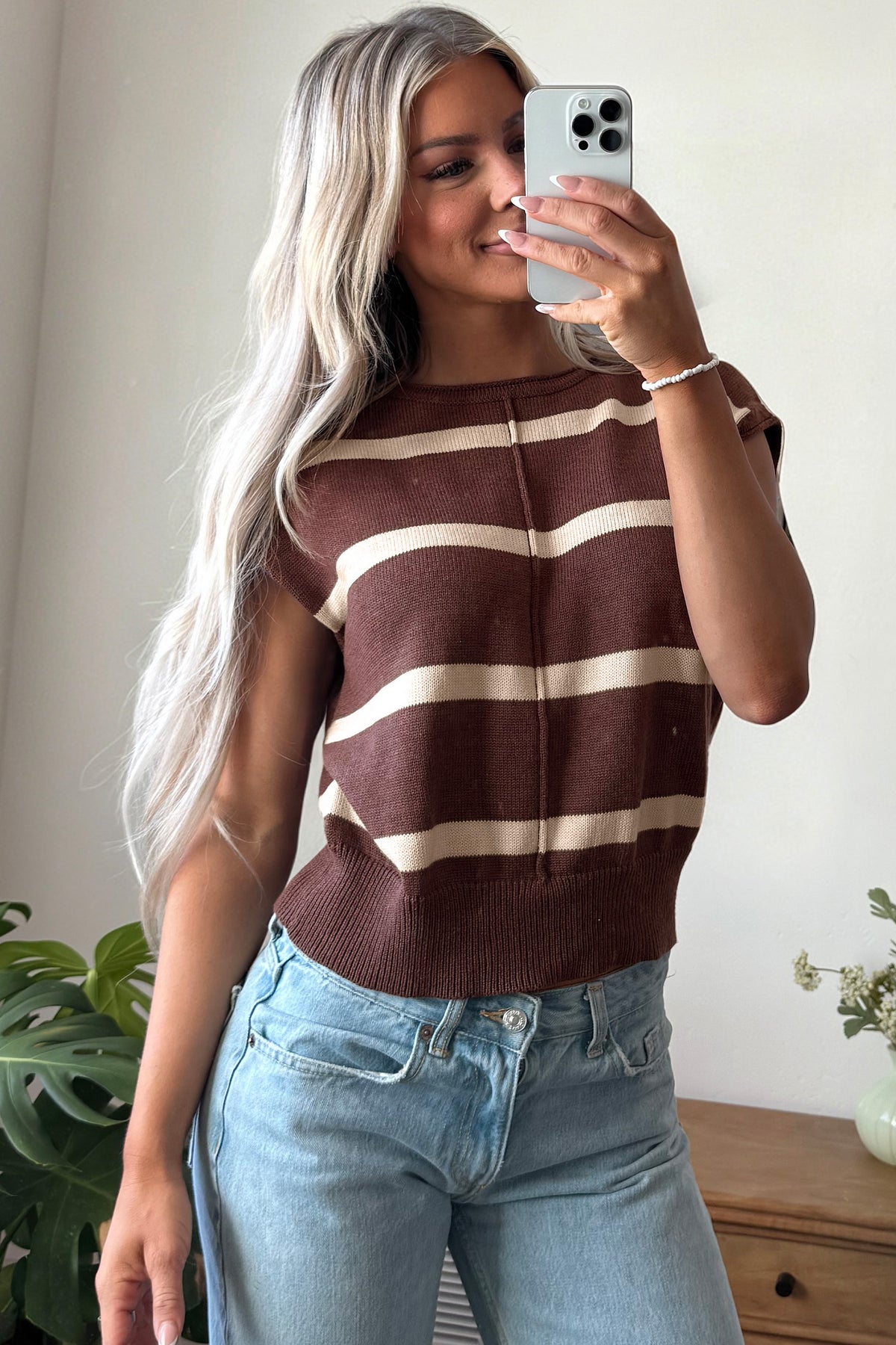 Striped Knit Short Sleeve Sweater