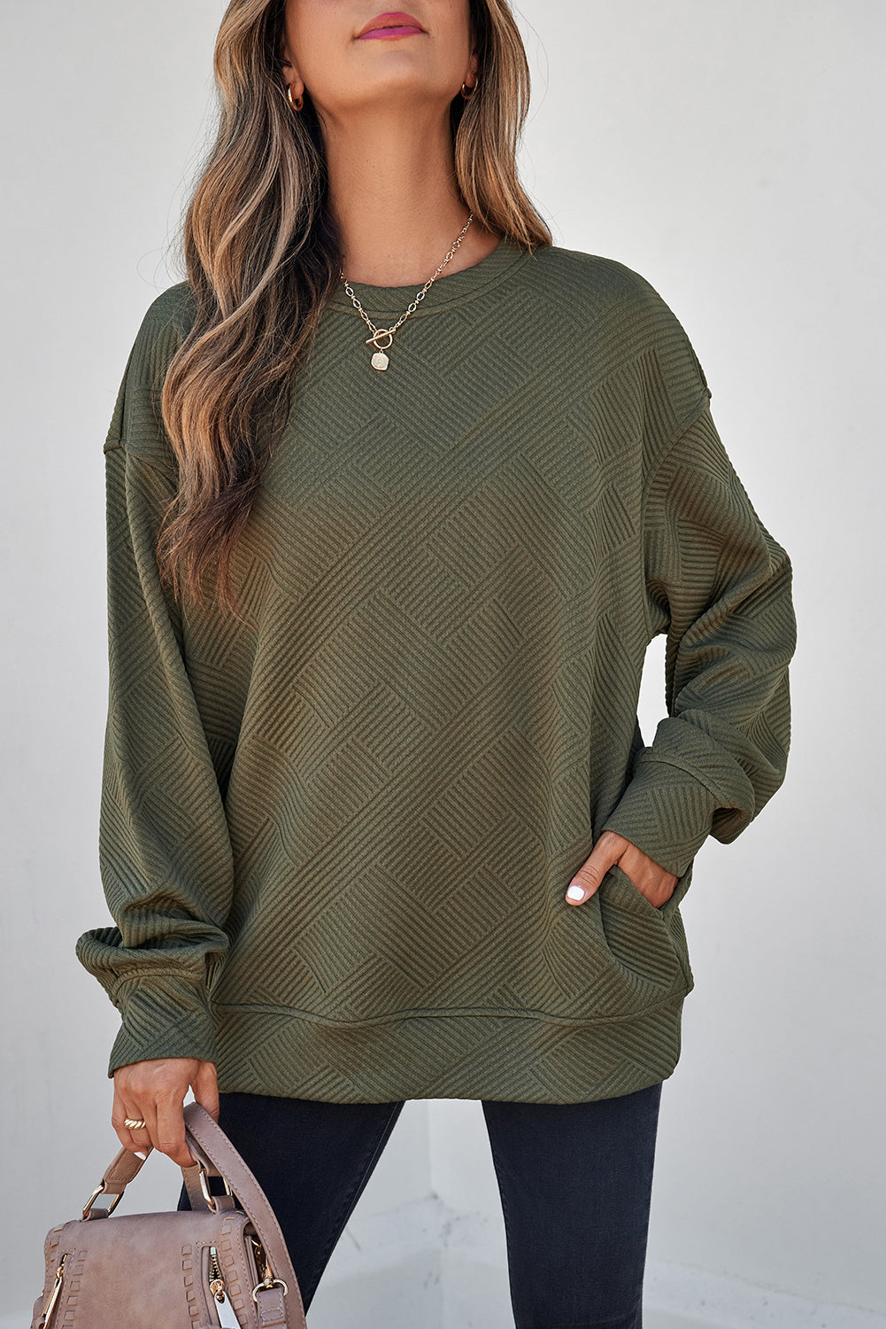 Coffee Solid Color Textured Round Neck Drop Shoulder Pullover Sweatshirt