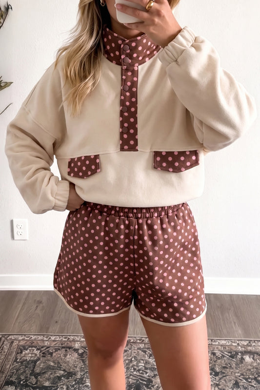 Polka Dot Contrast Baggy Pullover and Elastic Waist Shorts Set