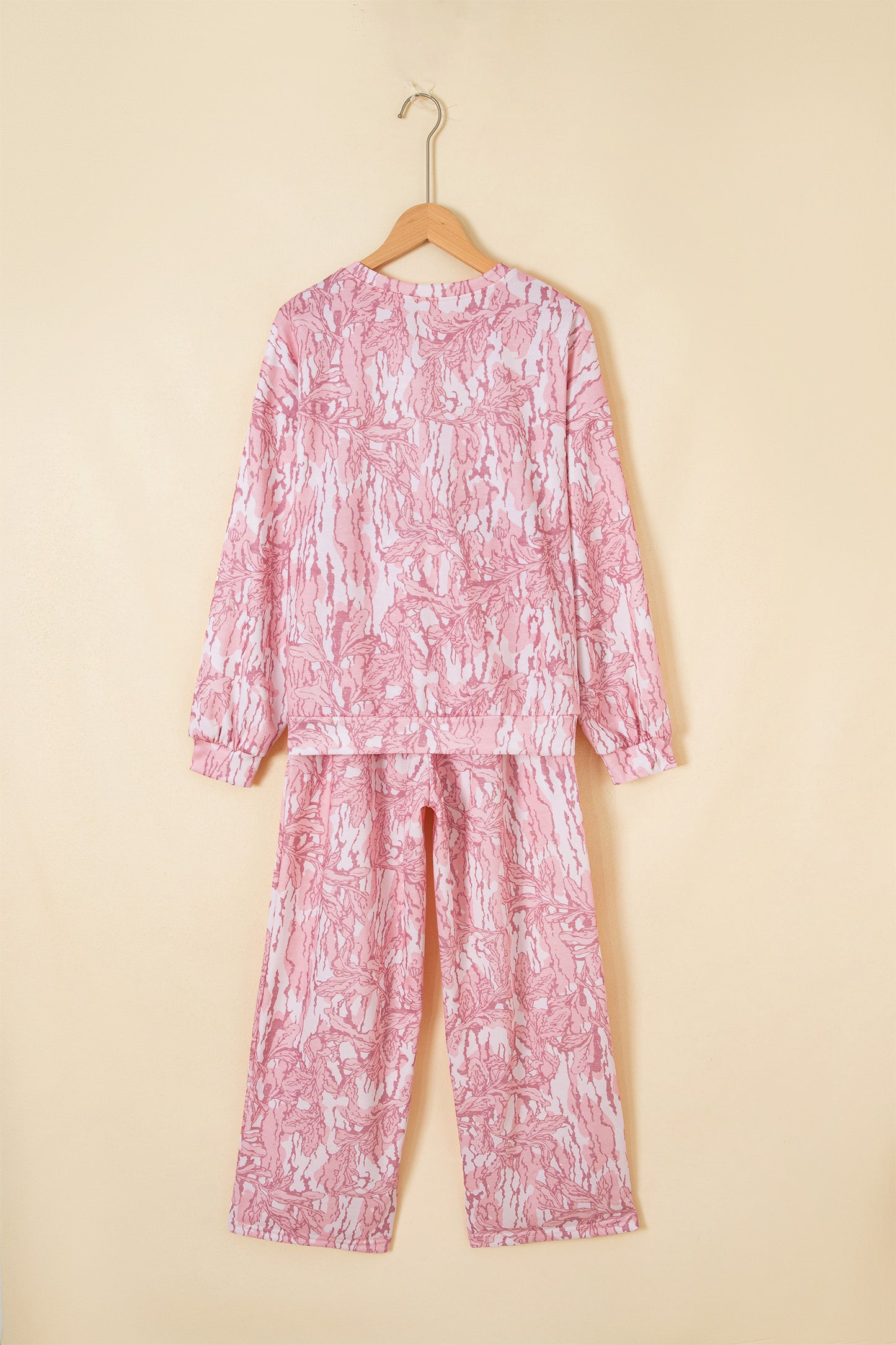 Pink Abstract Floral Print Loose Pullover Drawstring Pants 2pcs Set