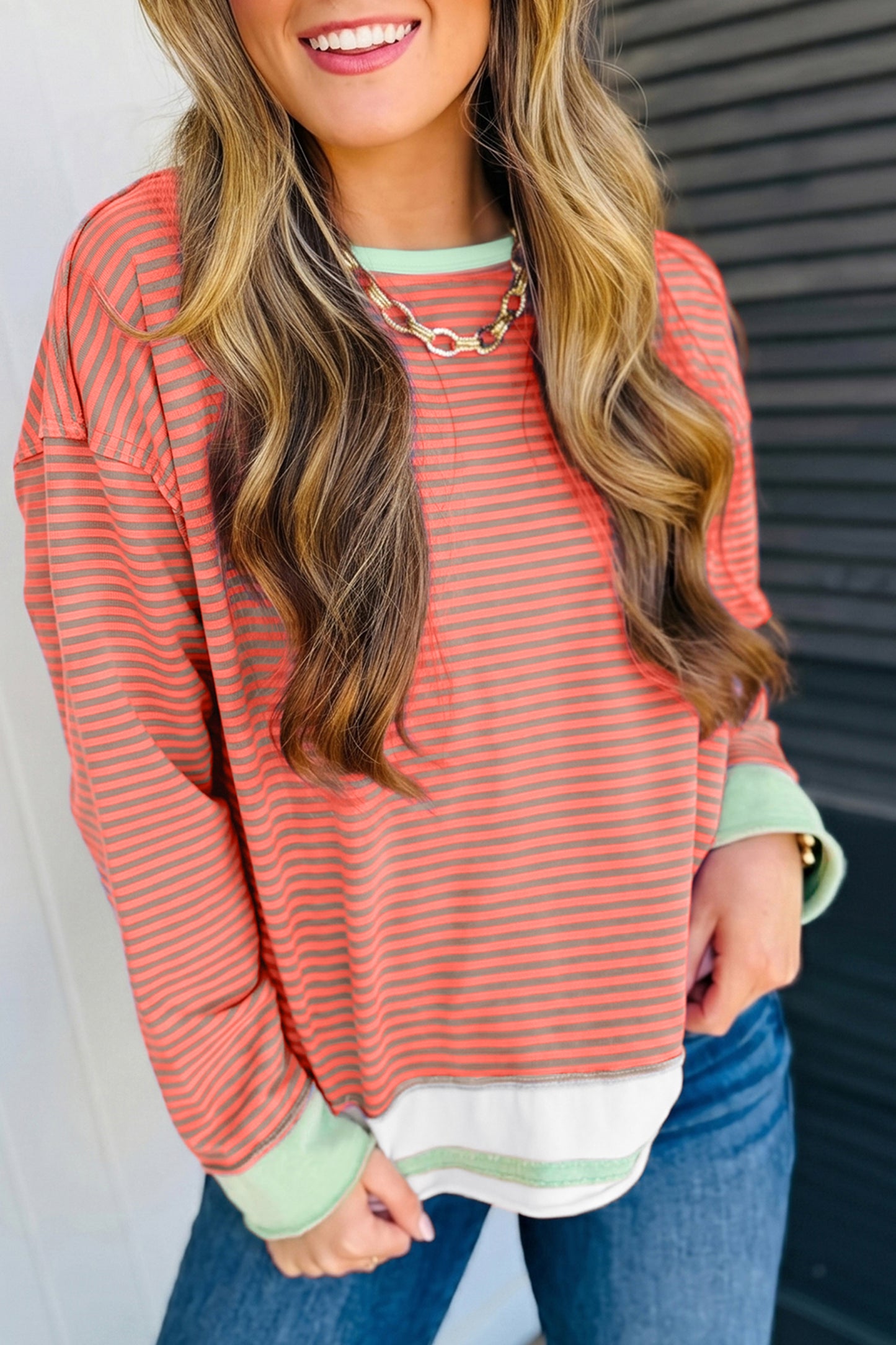 Orange Stripe Colorblock Detail Raw Seam Long Sleeve Top
