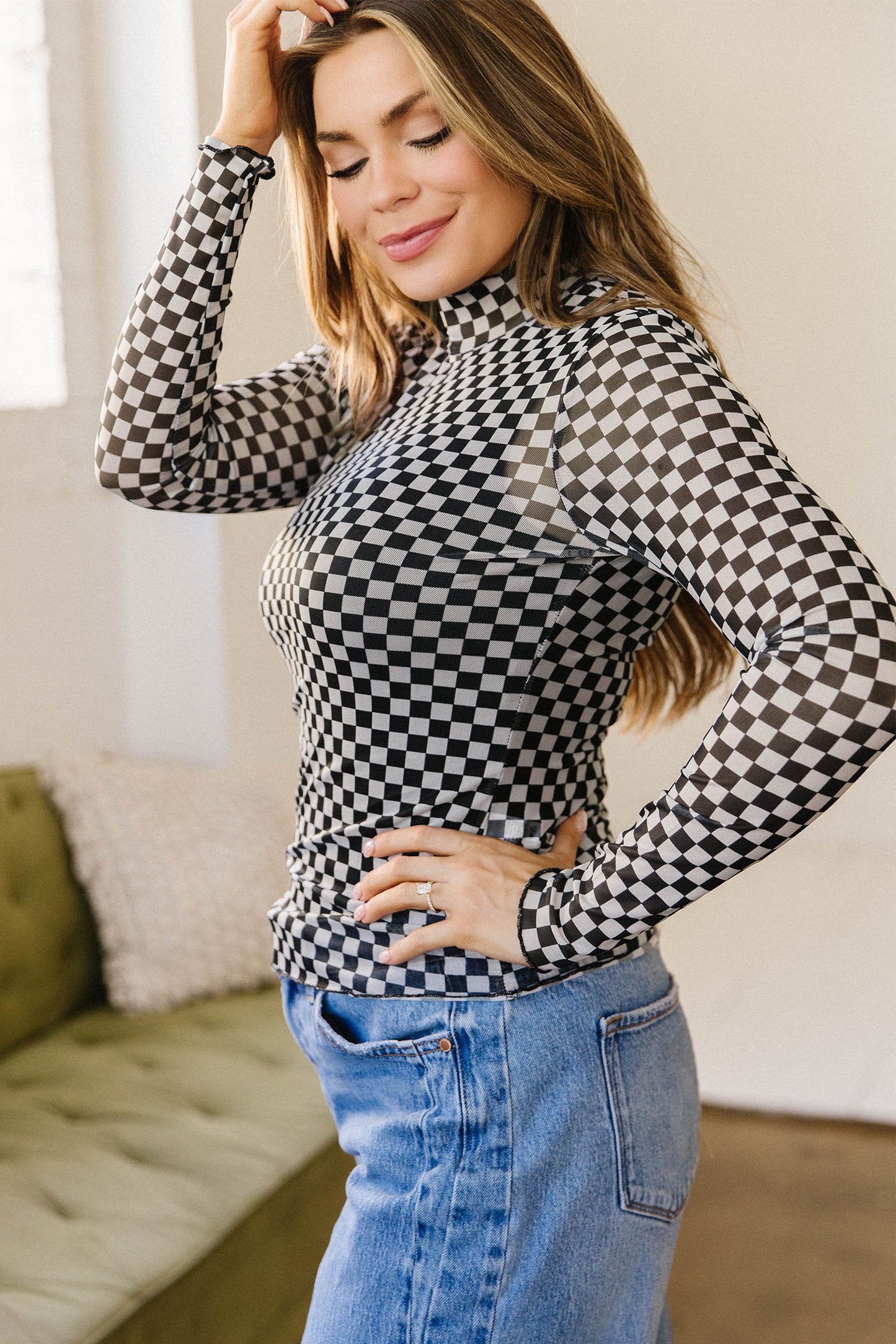 Black Plaid Long Sleeve Mesh Top