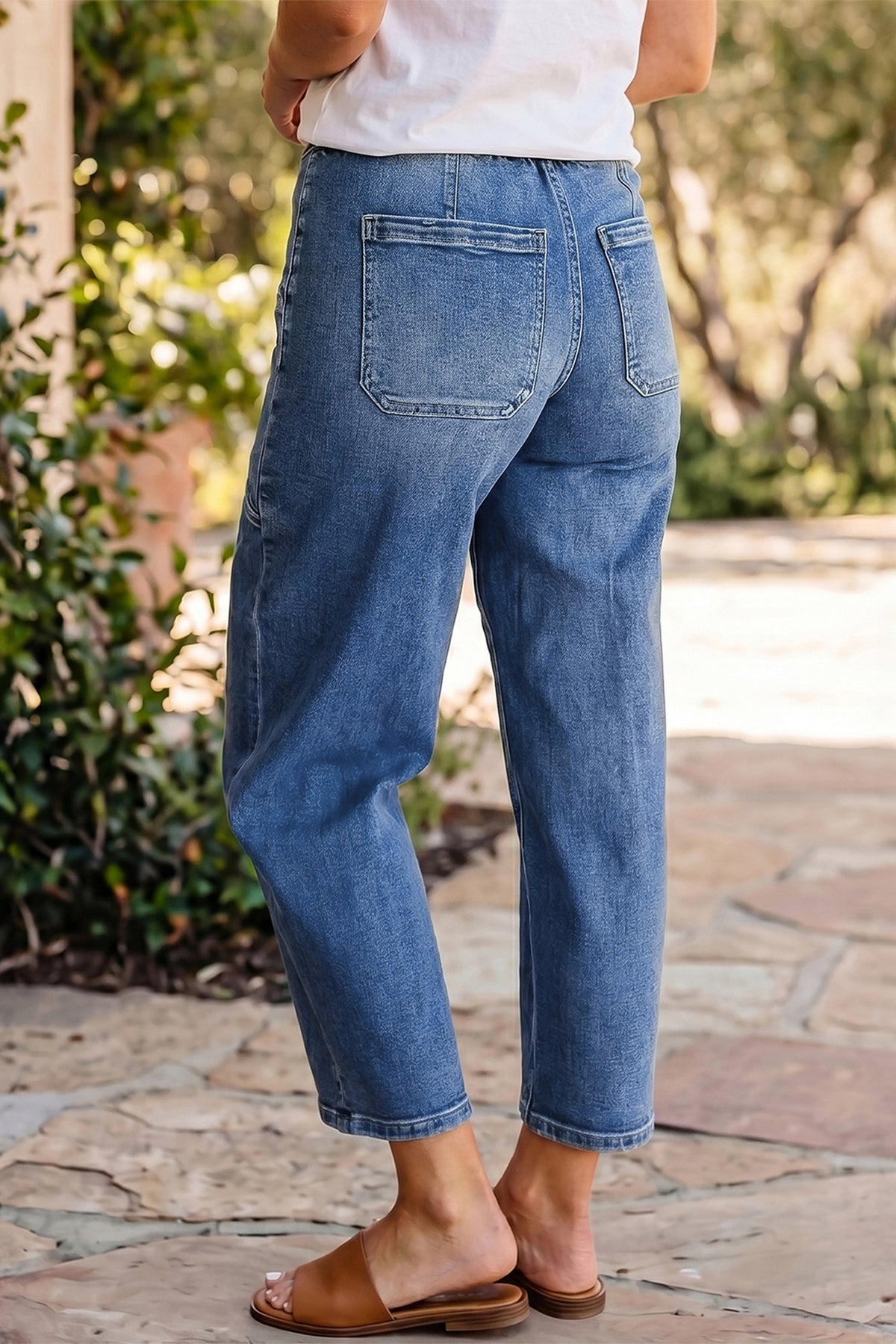 Drawstring Waist Ankle Length Casual Jeans Regular Fit Pocket Detail Denim Pants