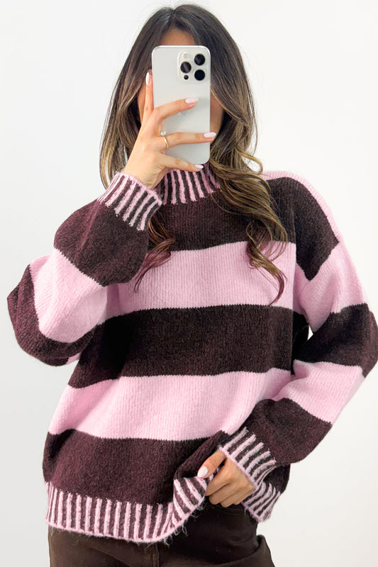 Striped Contrast High Neck Dropped Shoulder Relaxed Pullover Sweater