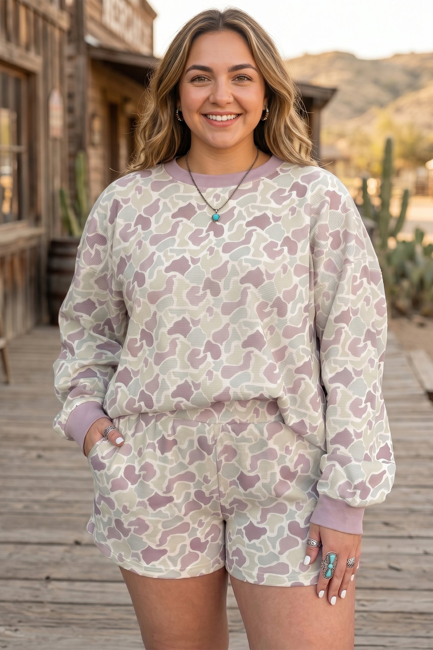 Camouflage Waffle Textured Pullover and Shorts Set