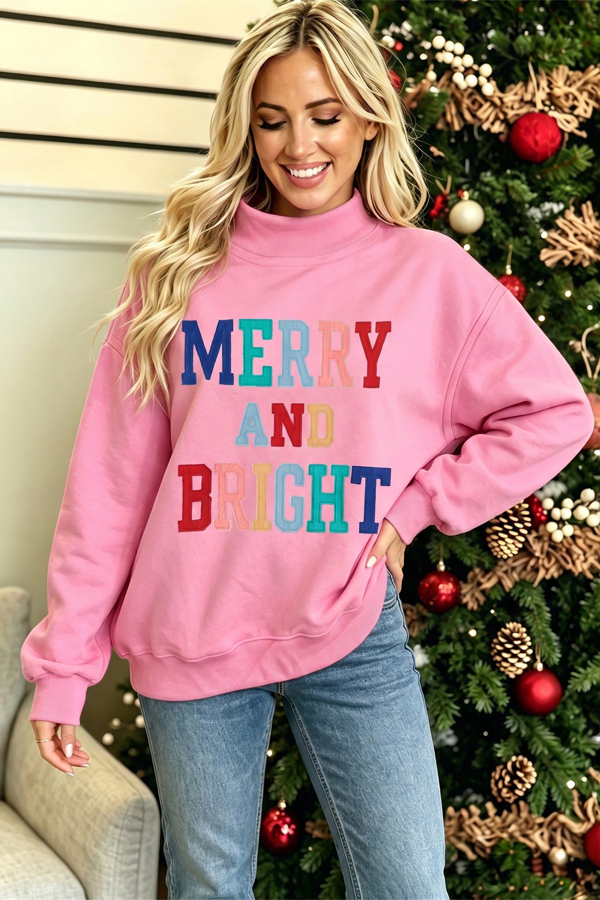 MERRY AND BRIGHT Stitched Letter Pattern Mock Neck Sweatshirt