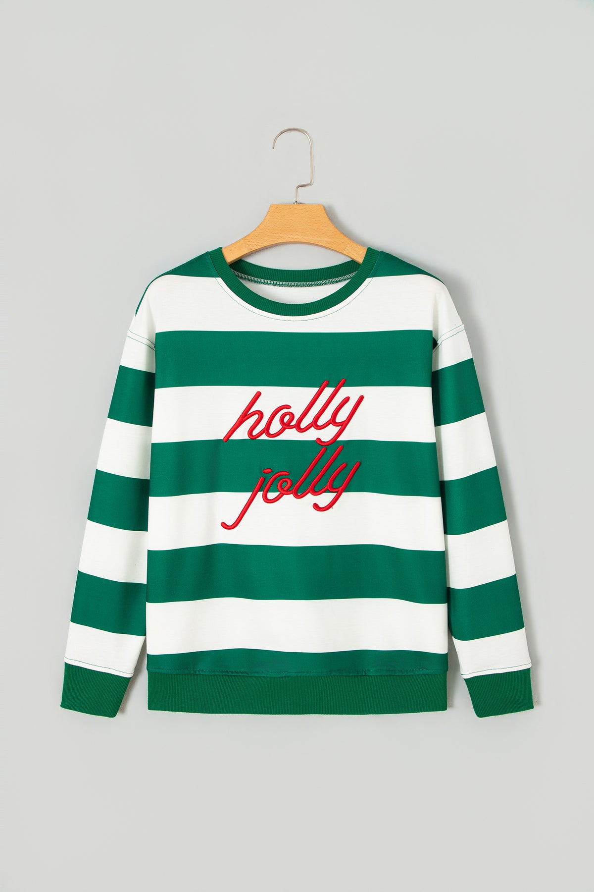 Striped Holly Jolly Embroidered Pullover Sweatshirt