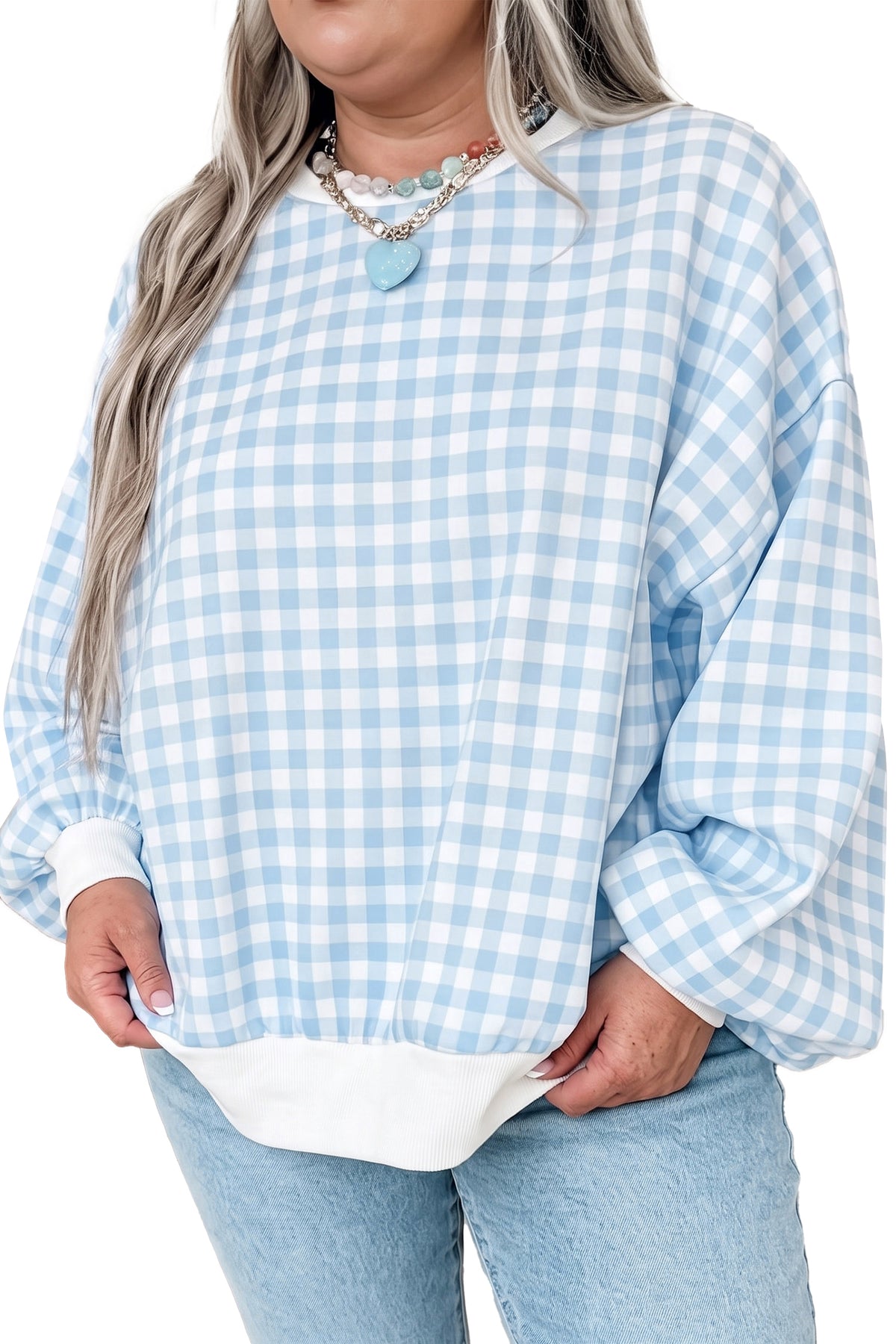 Light Blue Casual Plus Size Plaid Sweatshirt