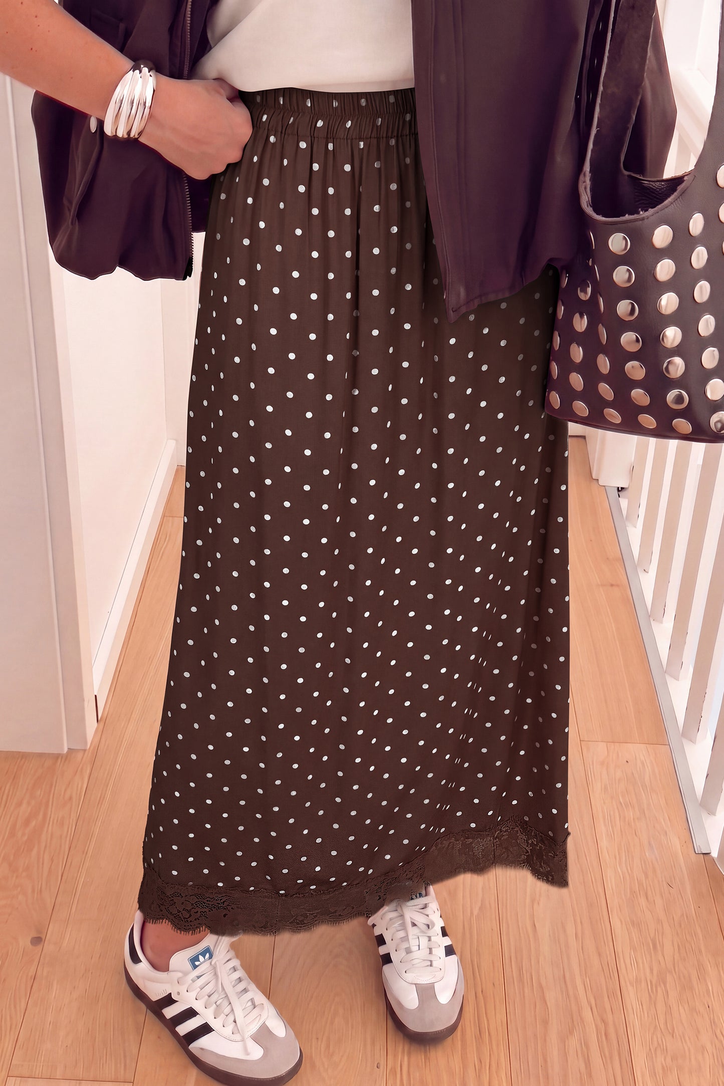 Polka Dot Lace Hem Elegant Long Shift Skirt