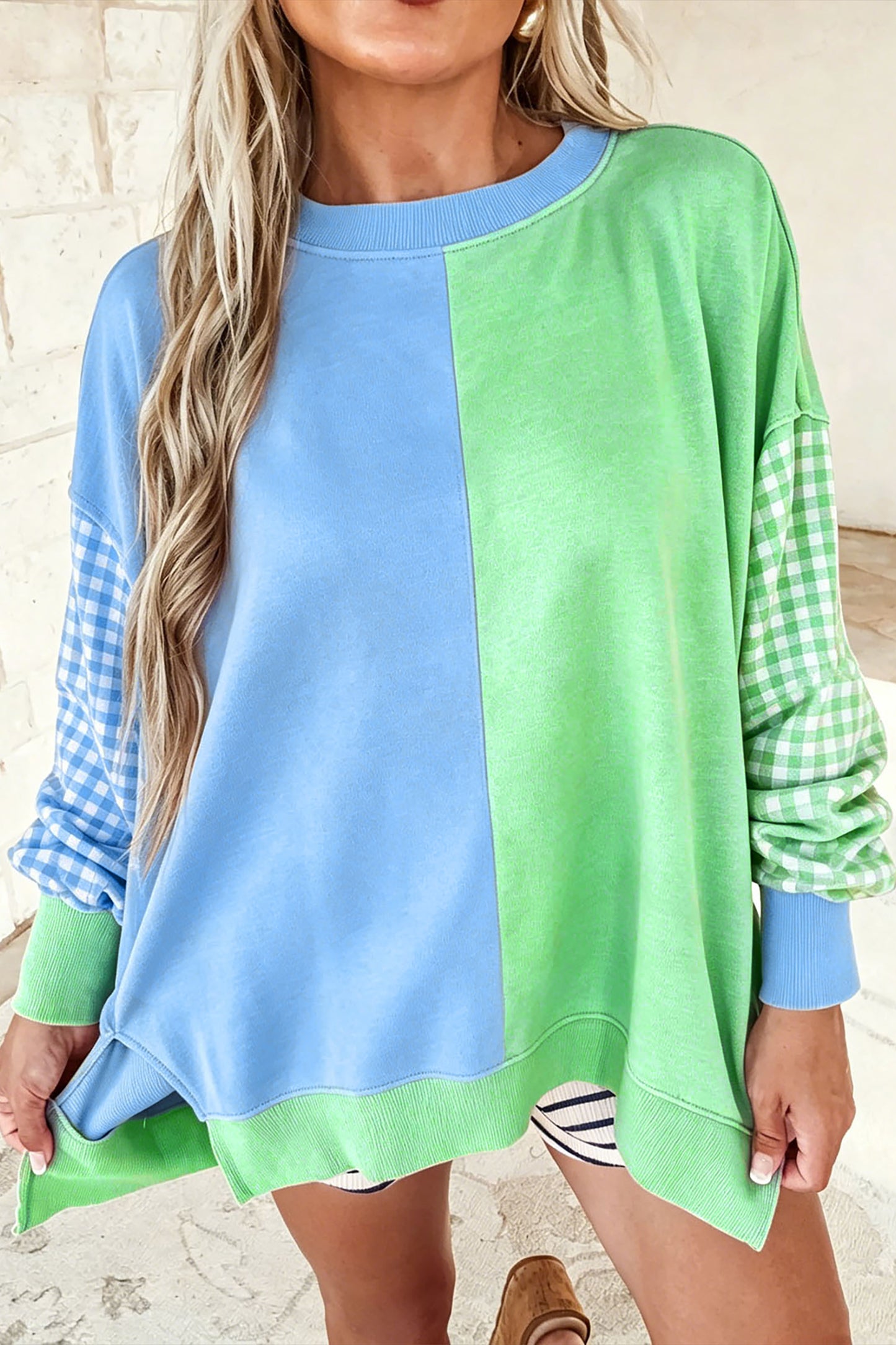 Colorblock Gingham Sleeve Long Sleeve Top