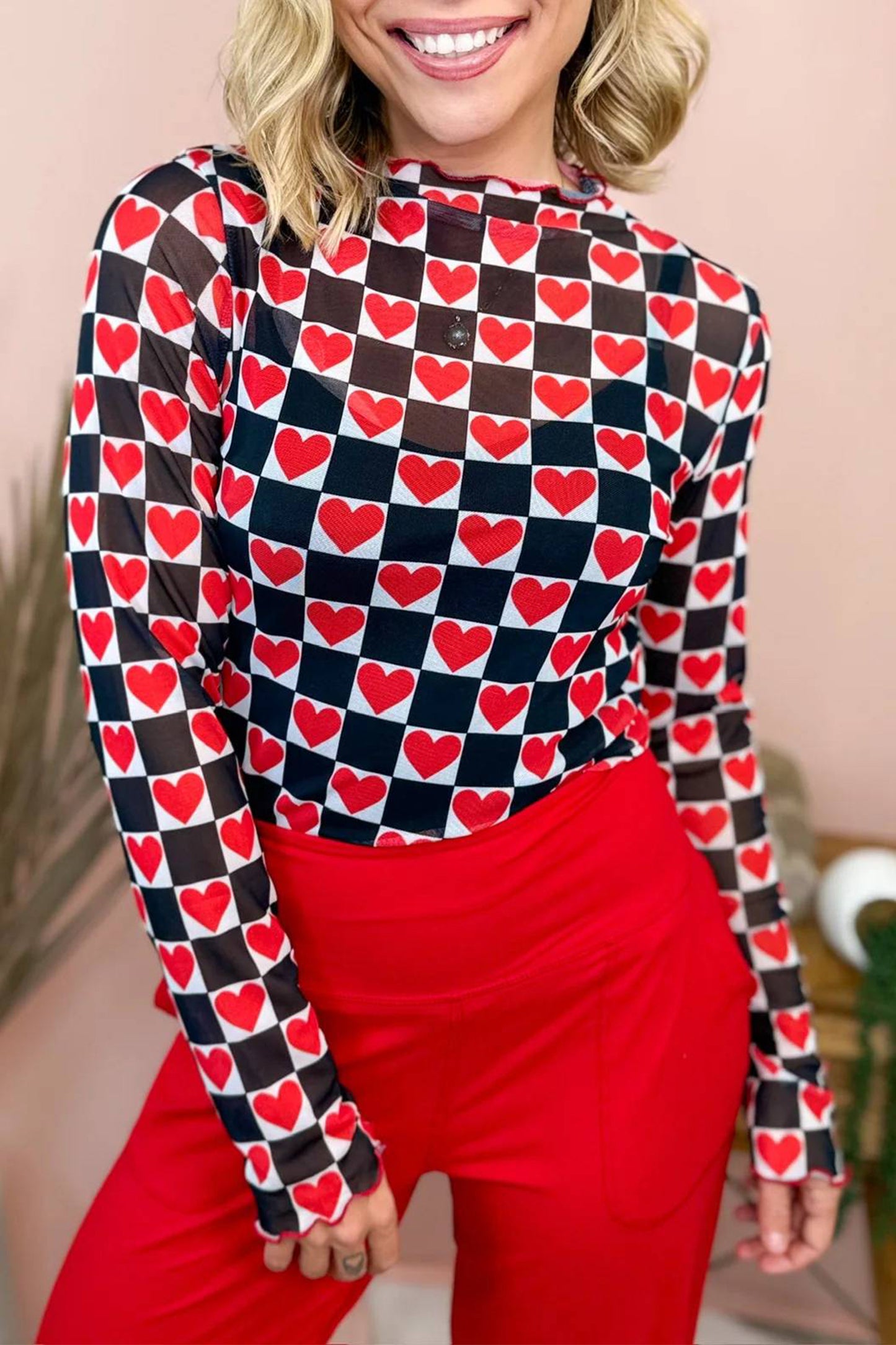 Checkered Long Sleeve Mesh Top