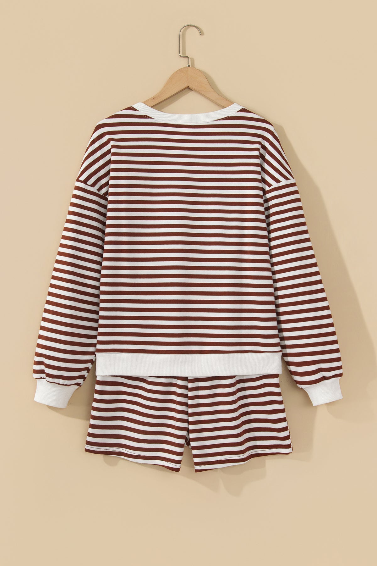 Stripe Drop Shoulder Long Sleeve Pullover Elastic Waist Casual Short Set