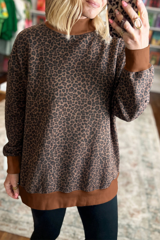 Leopard Print High Neck Long Sleeve Ribbed Cuffs Hem Sweatshirt