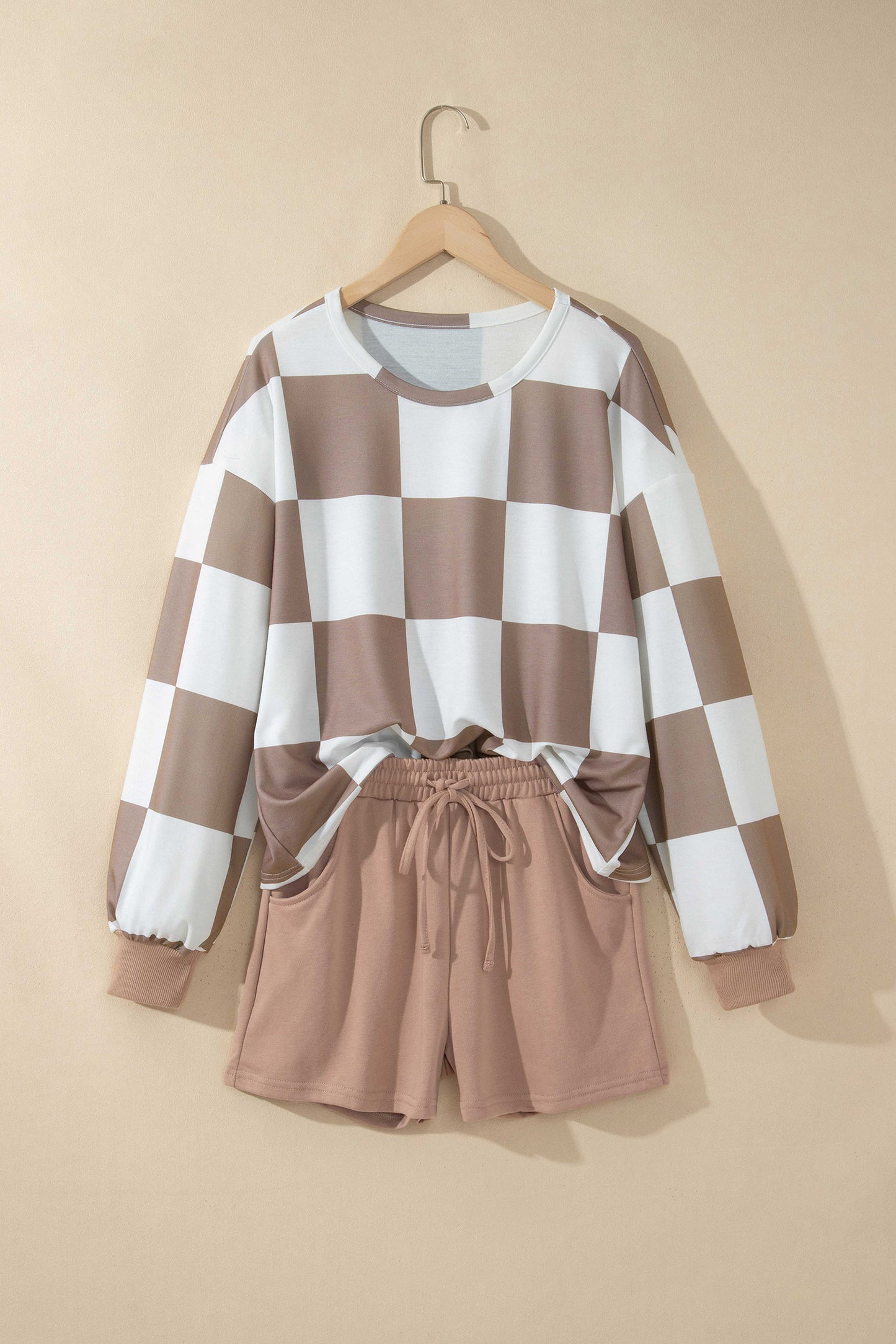 Checkered Long Sleeve Solid Color Shorts Set