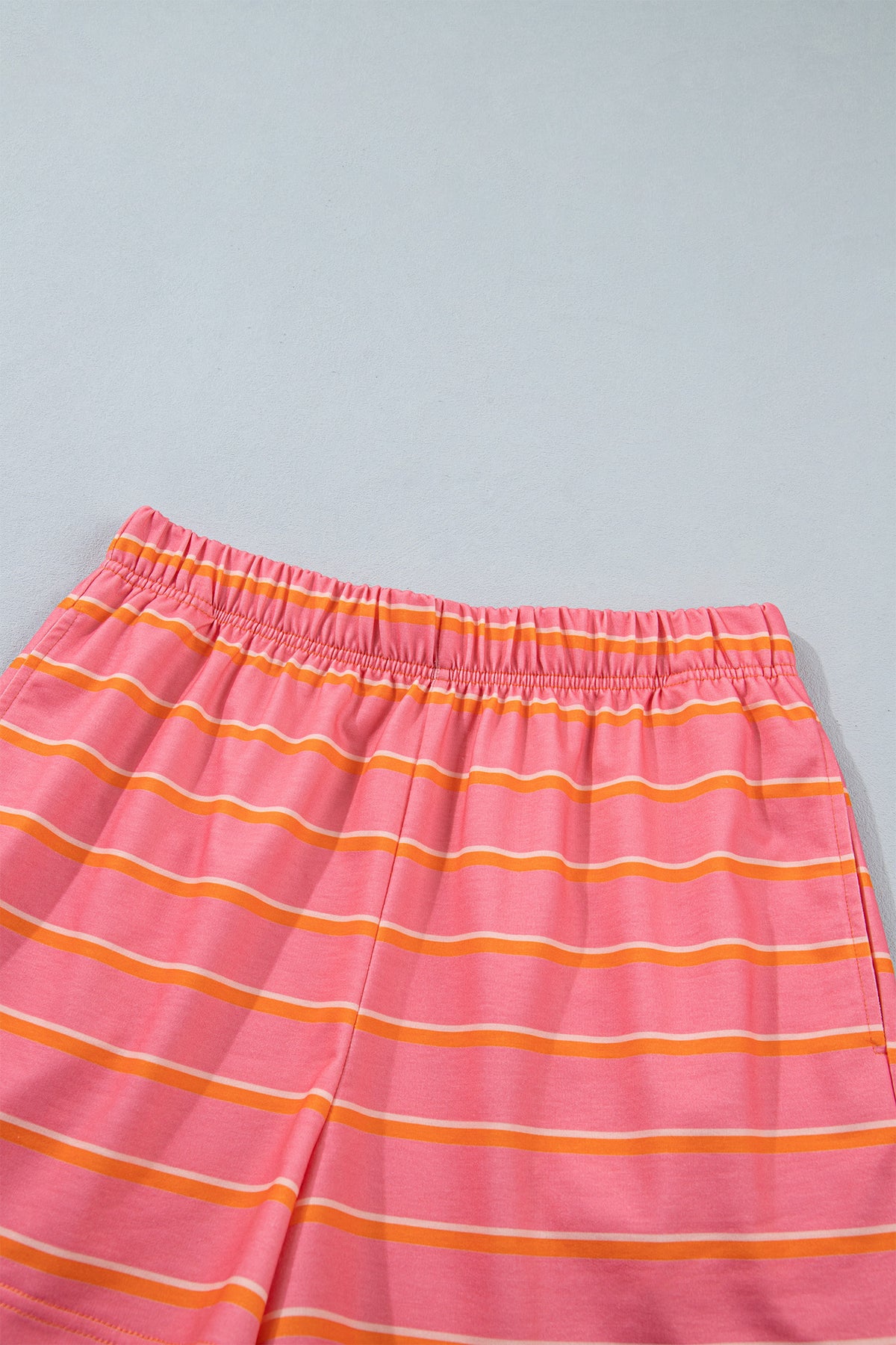 Striped Color Block Trim Long Sleeve Pullover Pocketed Shorts Set