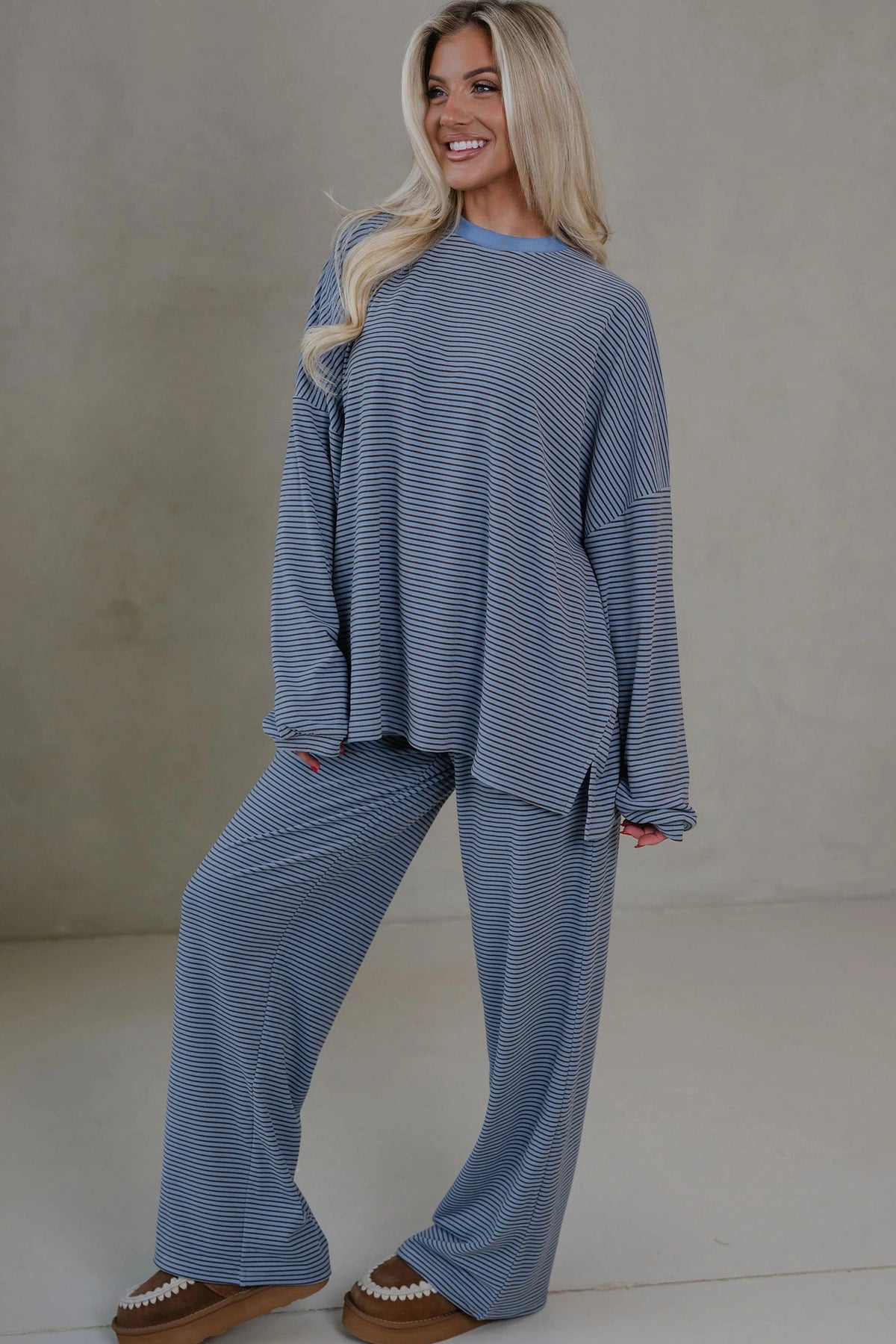 Stripe Contrast Trim Round Neck Oversize Long Sleeve Set
