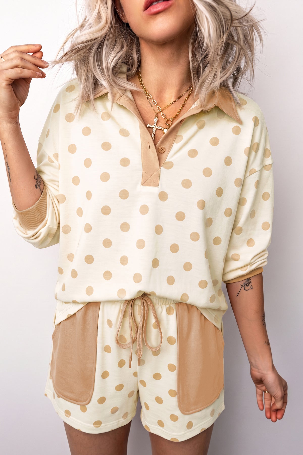 Polka Dot Drop Shoulder Polo Loose Pullover Patch Pocket Casual Shorts Set